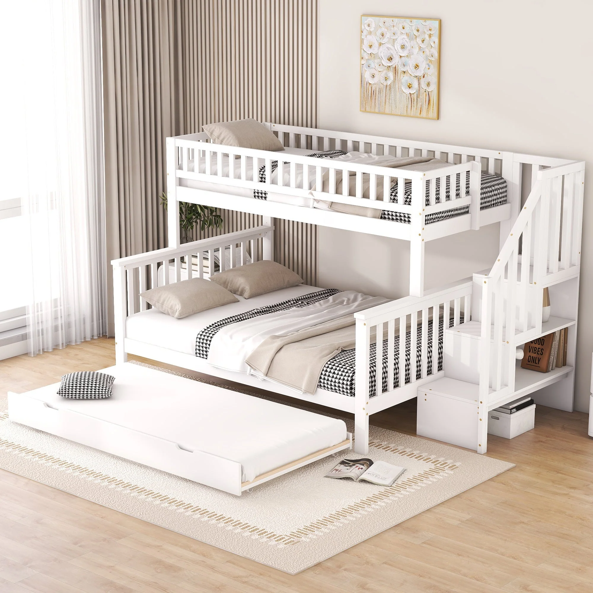 Bunk Bed with Rolling Container, Slatted Base and Storage Stairs, White Pine Wood - Image 3