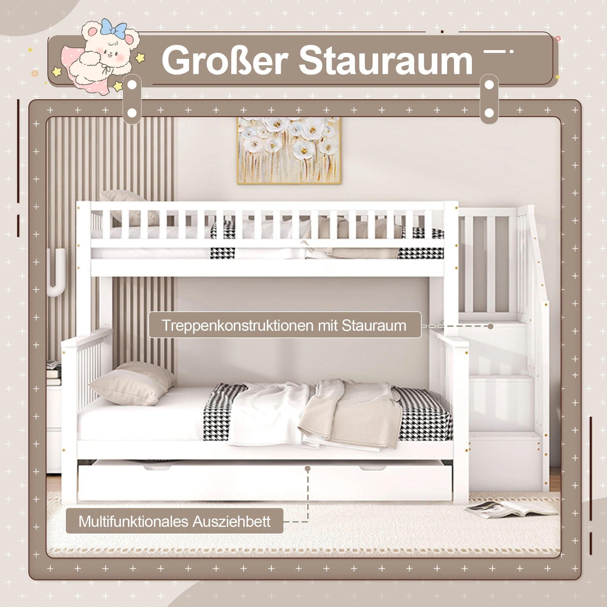 Bunk Bed with Rolling Container, Slatted Base and Storage Stairs, White Pine Wood - Image 4