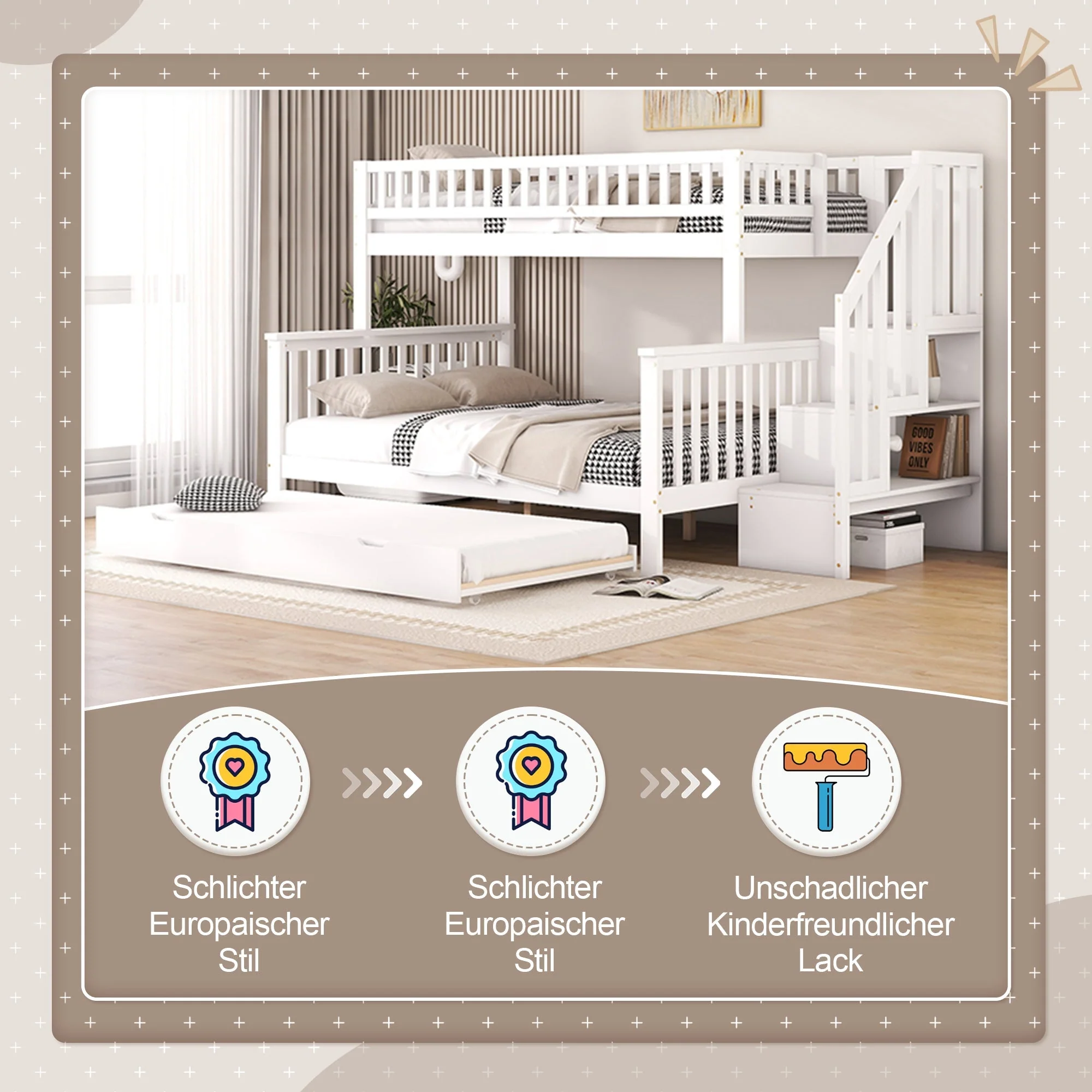 Bunk Bed with Rolling Container, Slatted Base and Storage Stairs, White Pine Wood - Image 5