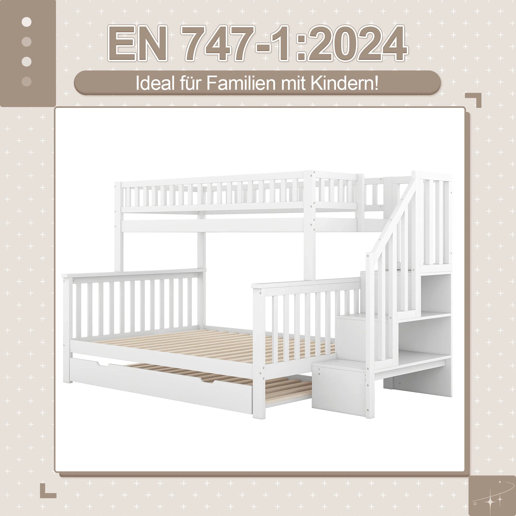 Bunk Bed with Rolling Container, Slatted Base and Storage Stairs, White Pine Wood - Image 6