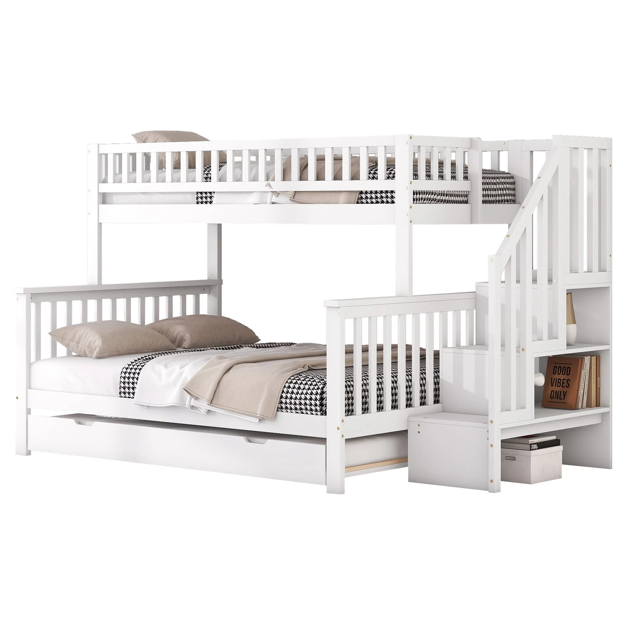 Bunk Bed with Rolling Container, Slatted Base and Storage Stairs, White Pine Wood - Image 7
