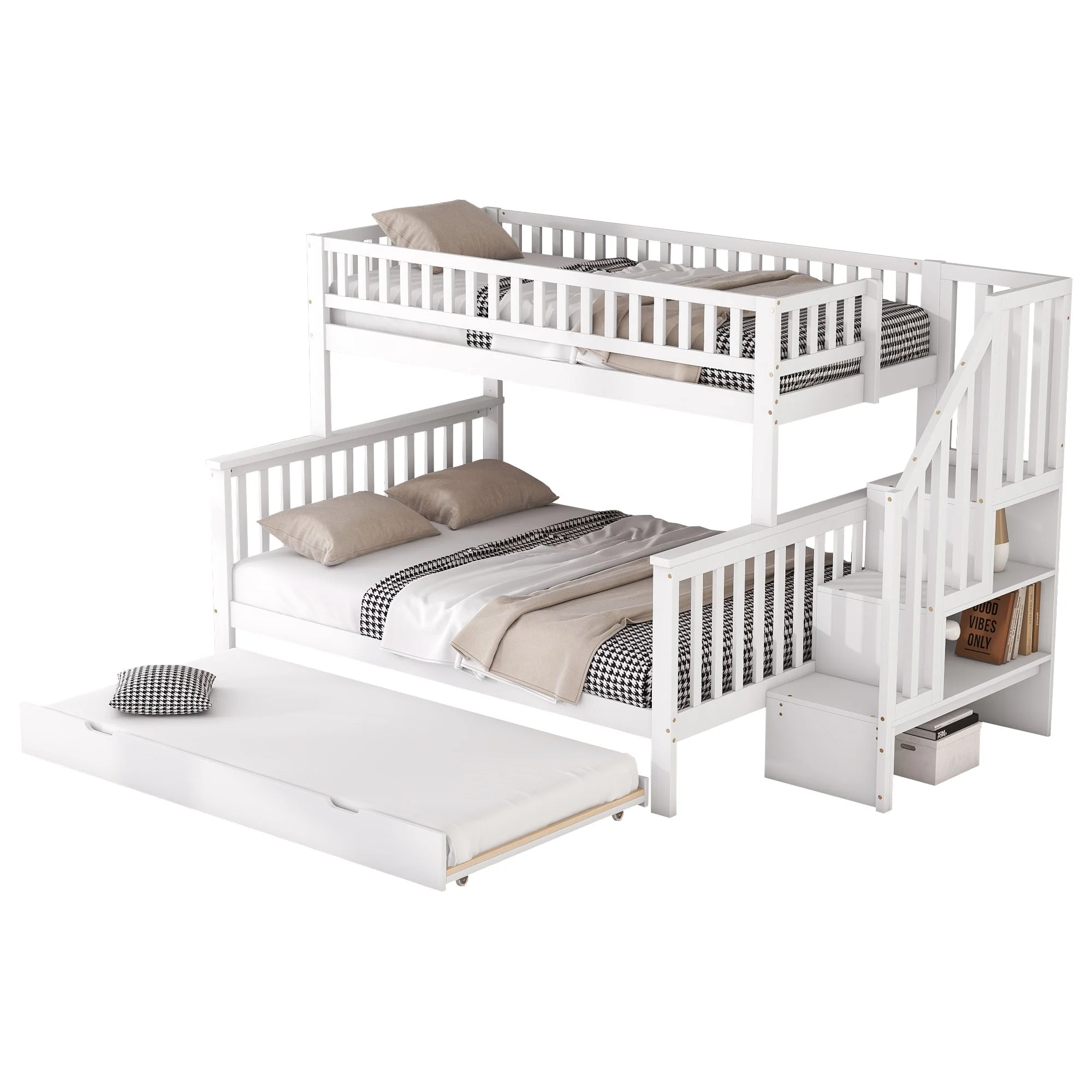 Bunk Bed with Rolling Container, Slatted Base and Storage Stairs, White Pine Wood - Image 8
