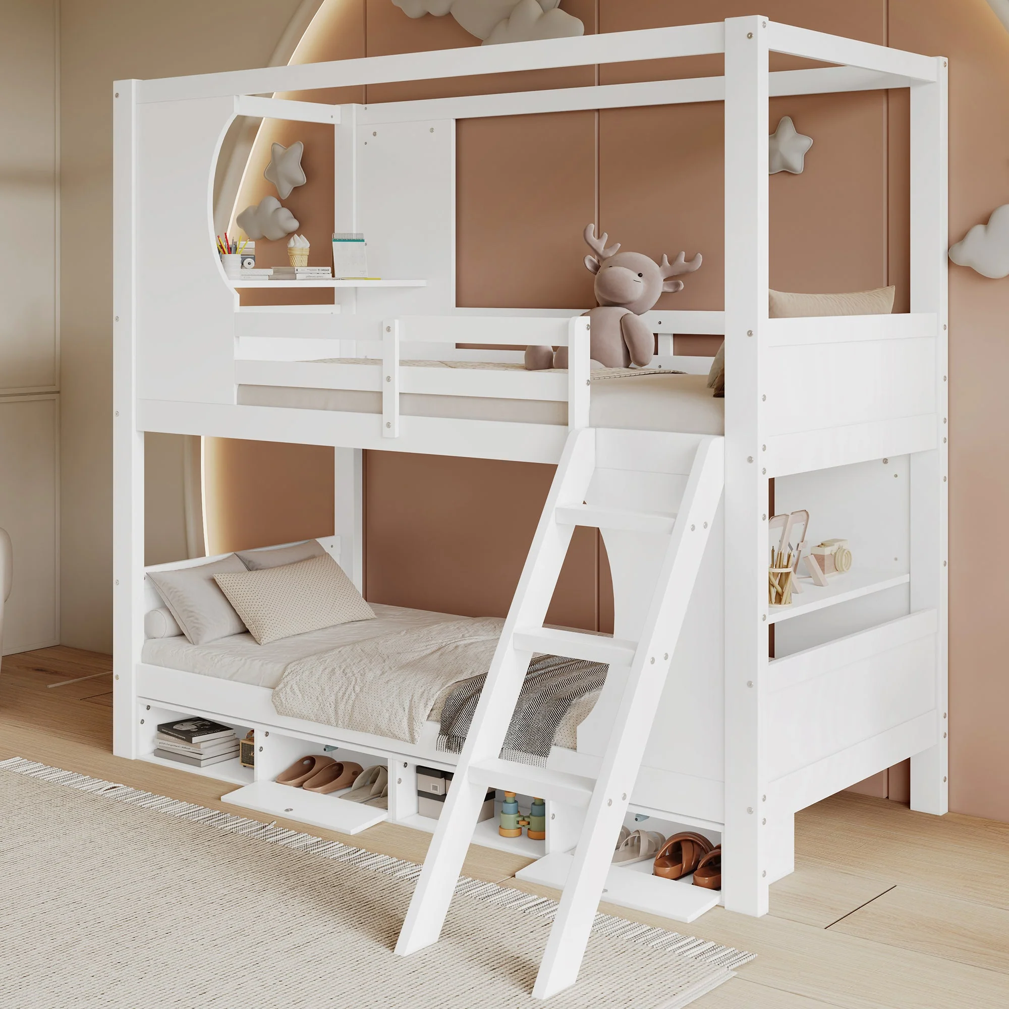 Bunk Bed with Safety Gate, Table, Shoe Cabinet, Ladder, Pine+MDF+Plywood, White - Image 2