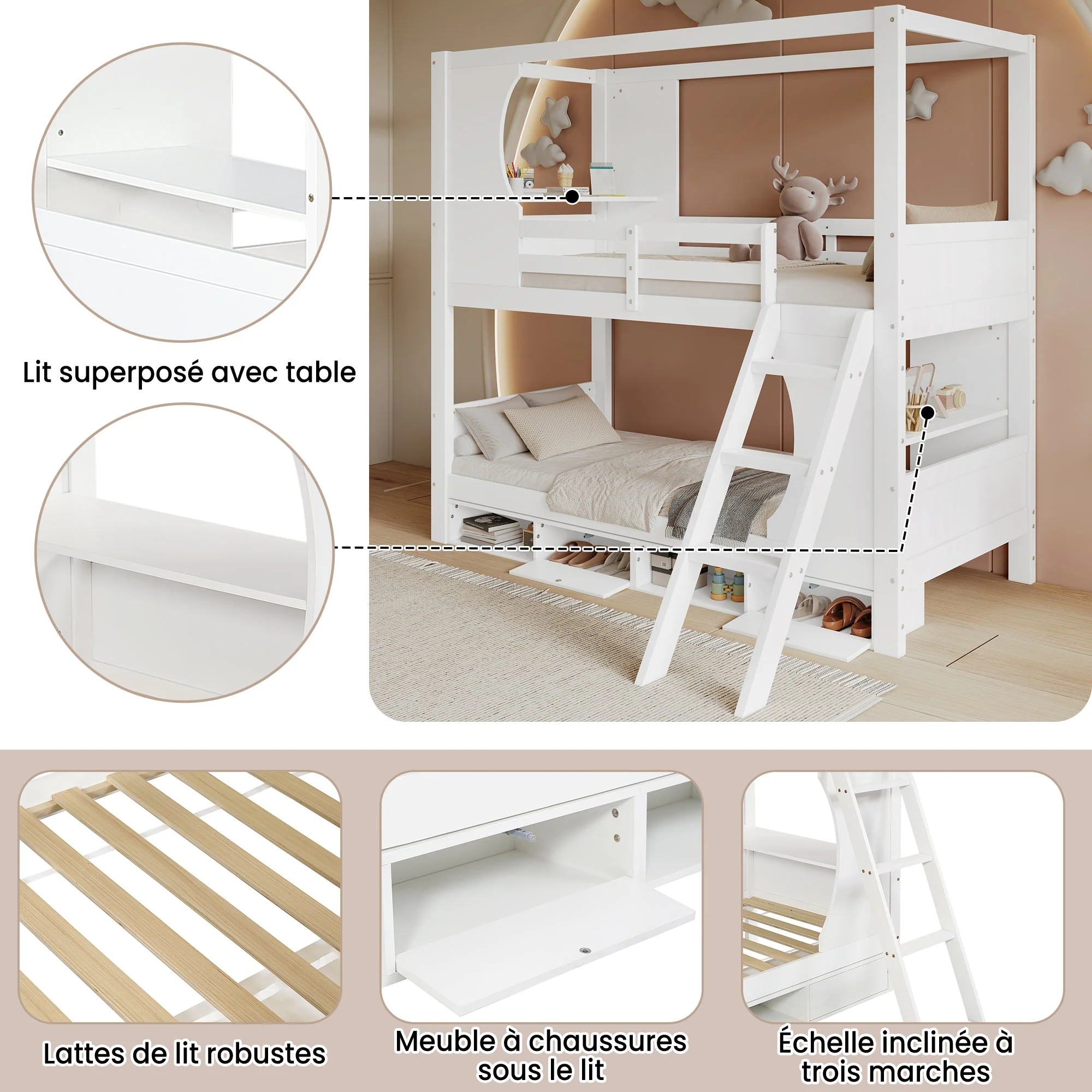 Bunk Bed with Safety Gate, Table, Shoe Cabinet, Ladder, Pine+MDF+Plywood, White - Image 7