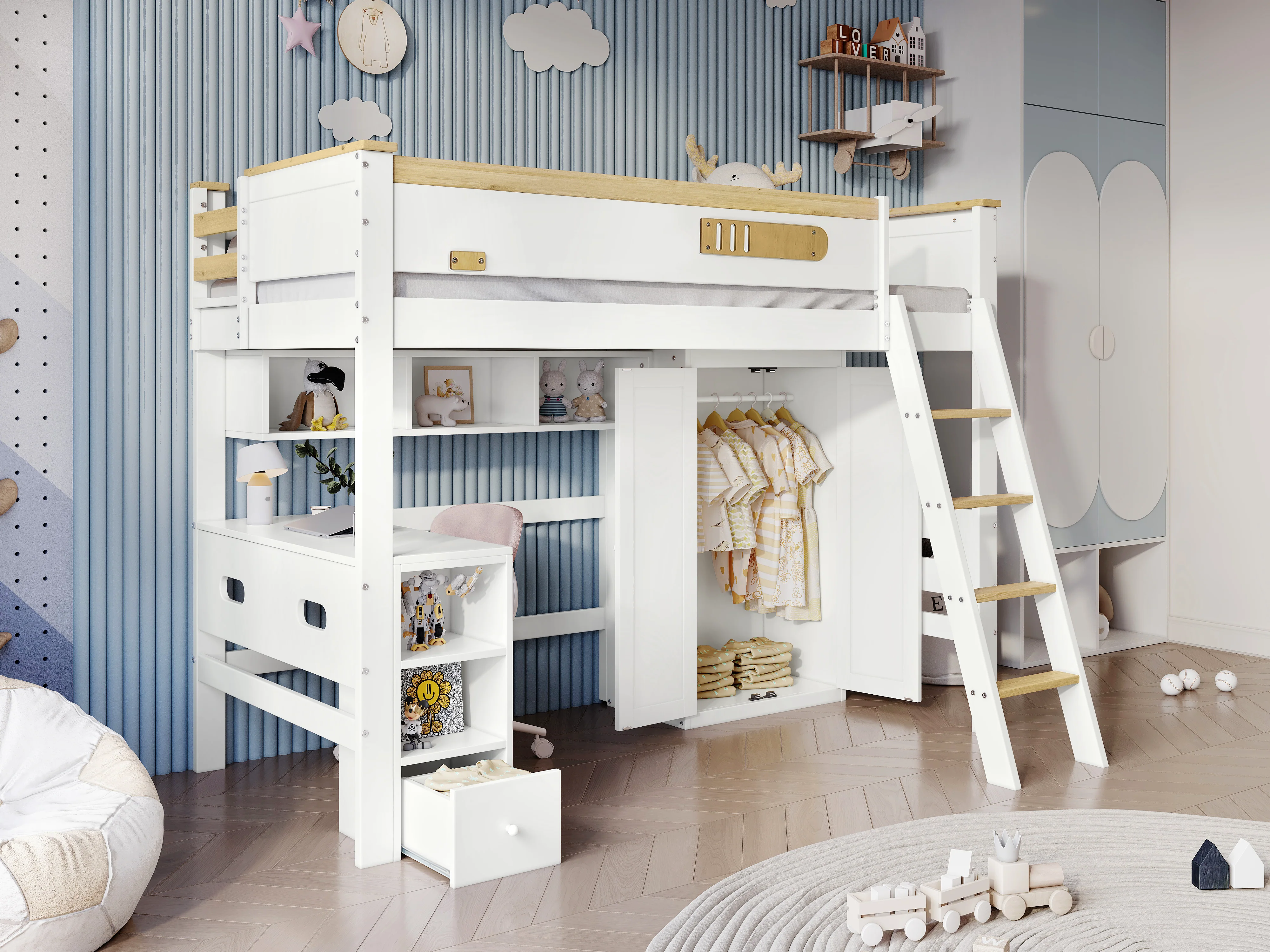 Bunk Bed with Safety Rail, Table, Wardrobe, Ladder, 90x200cm, Pine/MDF White/Natural - Image 8