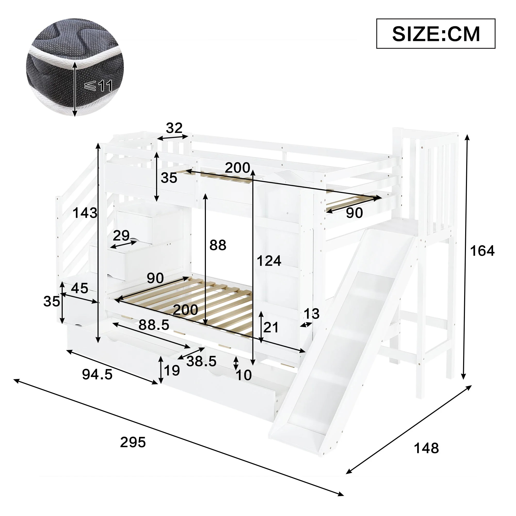 Bunk Bed with Slide, Stair Storage, Bookshelf and Drawers, 90x200cm, White Pine + MDF - Image 7