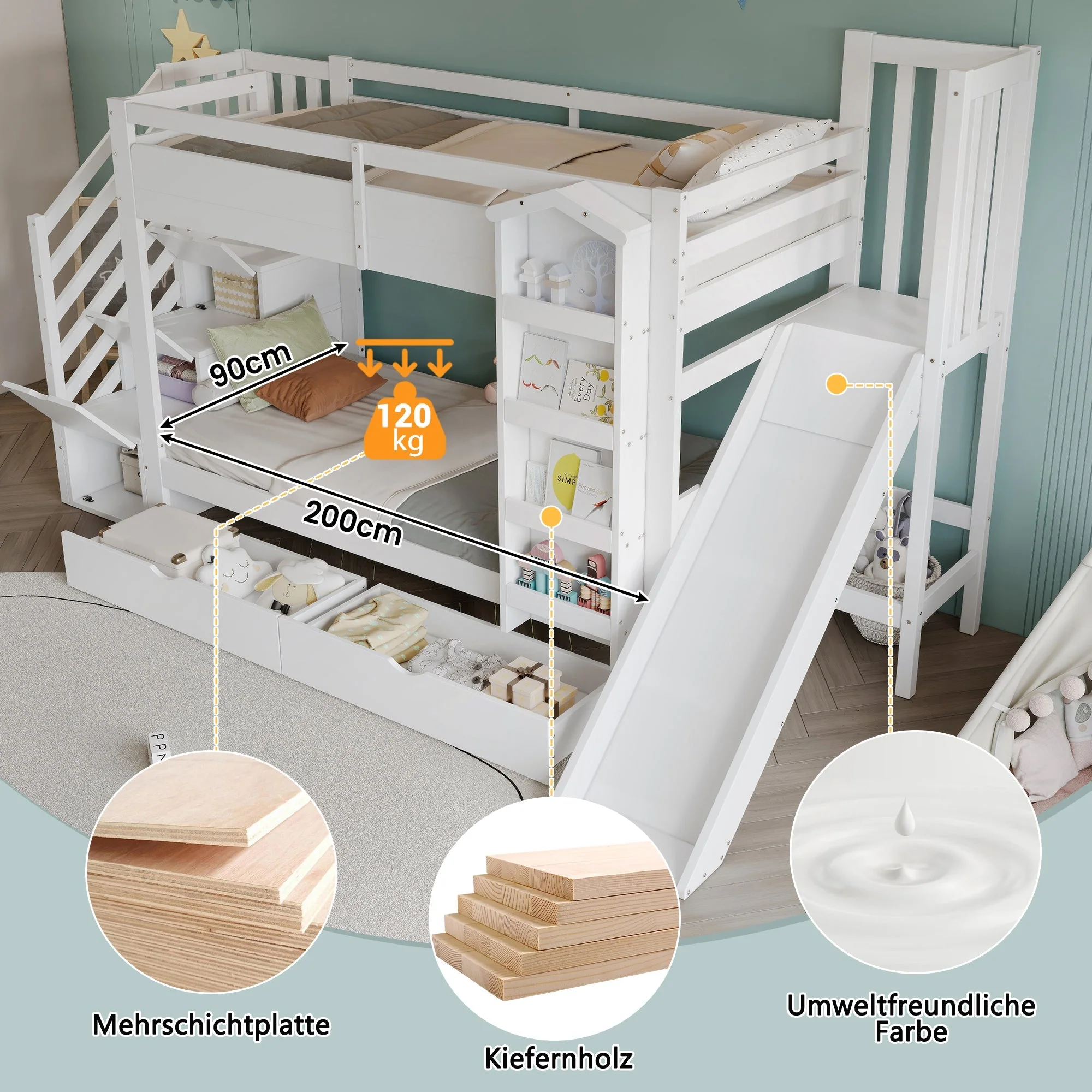 Bunk Bed with Slide, Stair Storage, Bookshelf and Drawers, 90x200cm, White Pine + MDF - Image 9