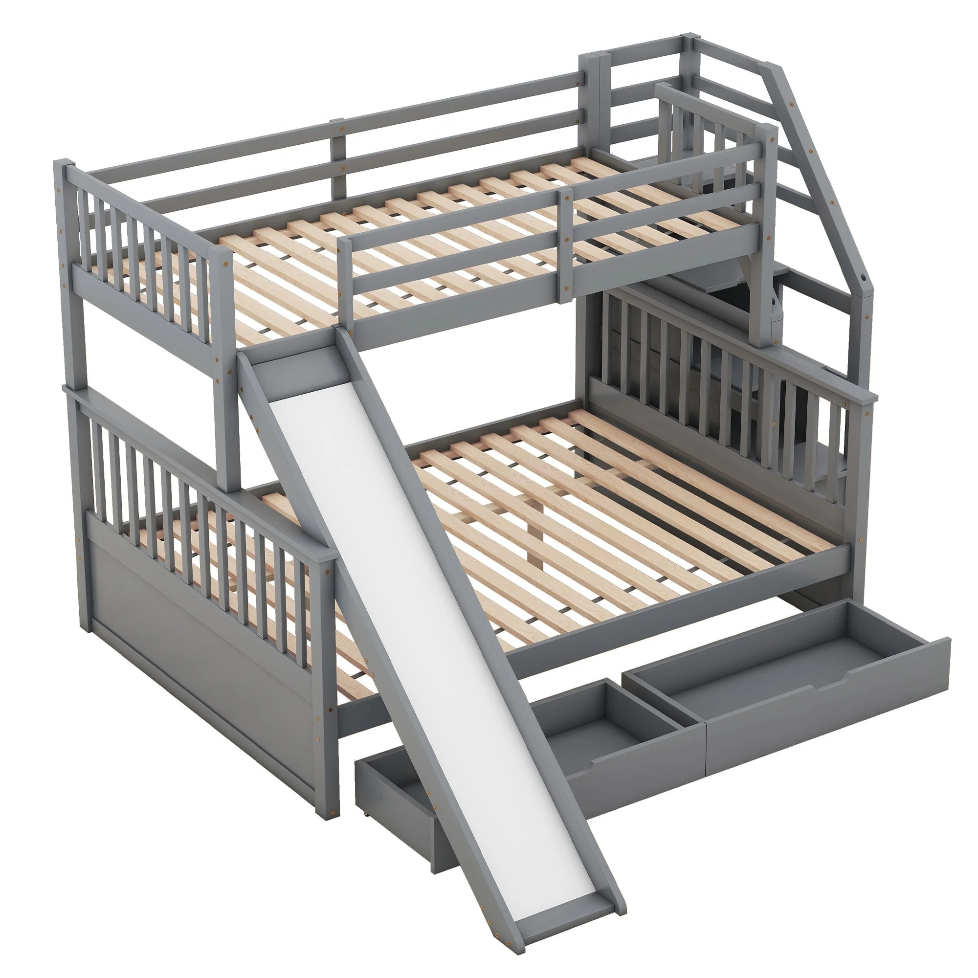 Bunk Bed with Slide, Storage Drawers and Stairs, Gray Wood - Image 6