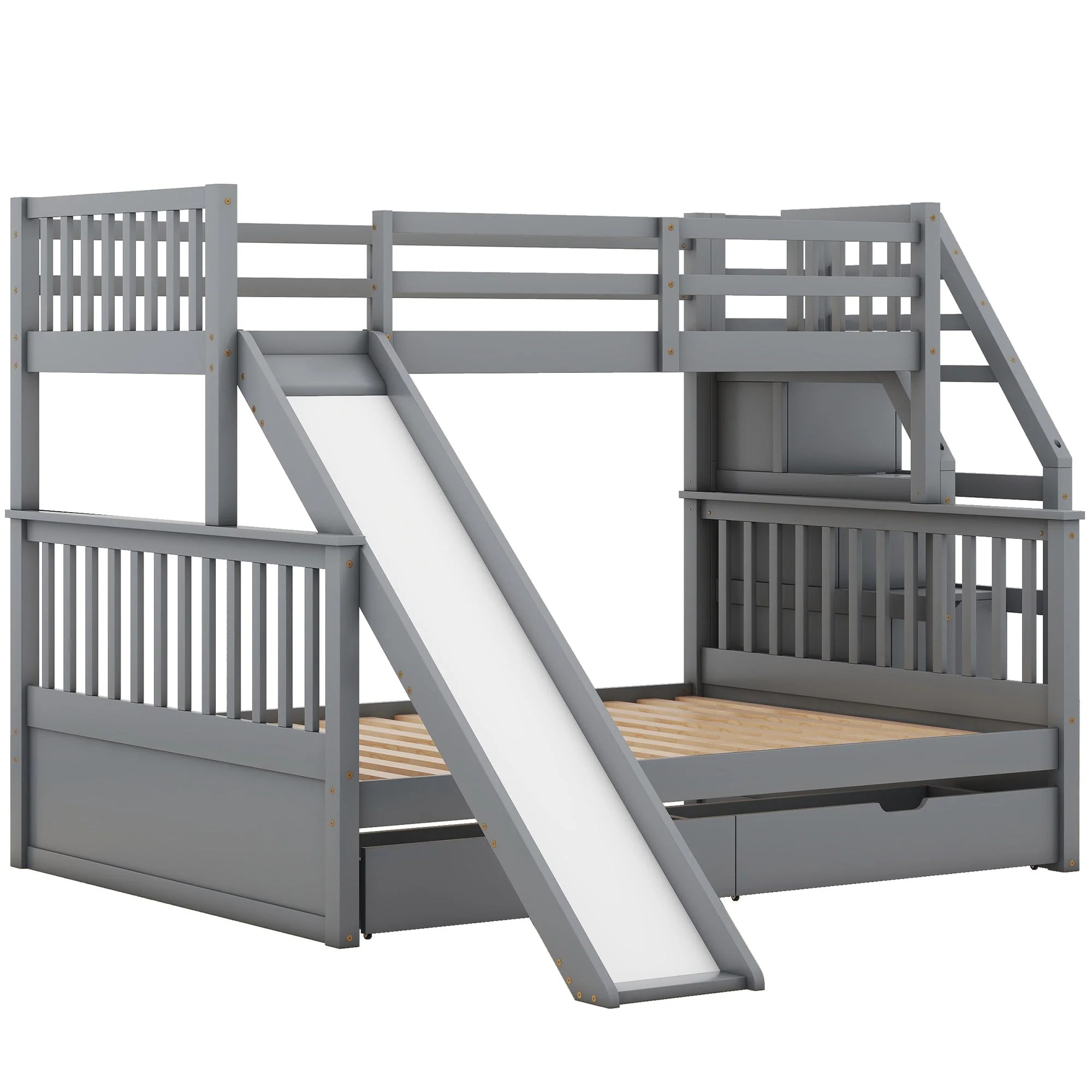 Bunk Bed with Slide, Storage Drawers and Stairs, Gray Wood - Image 7