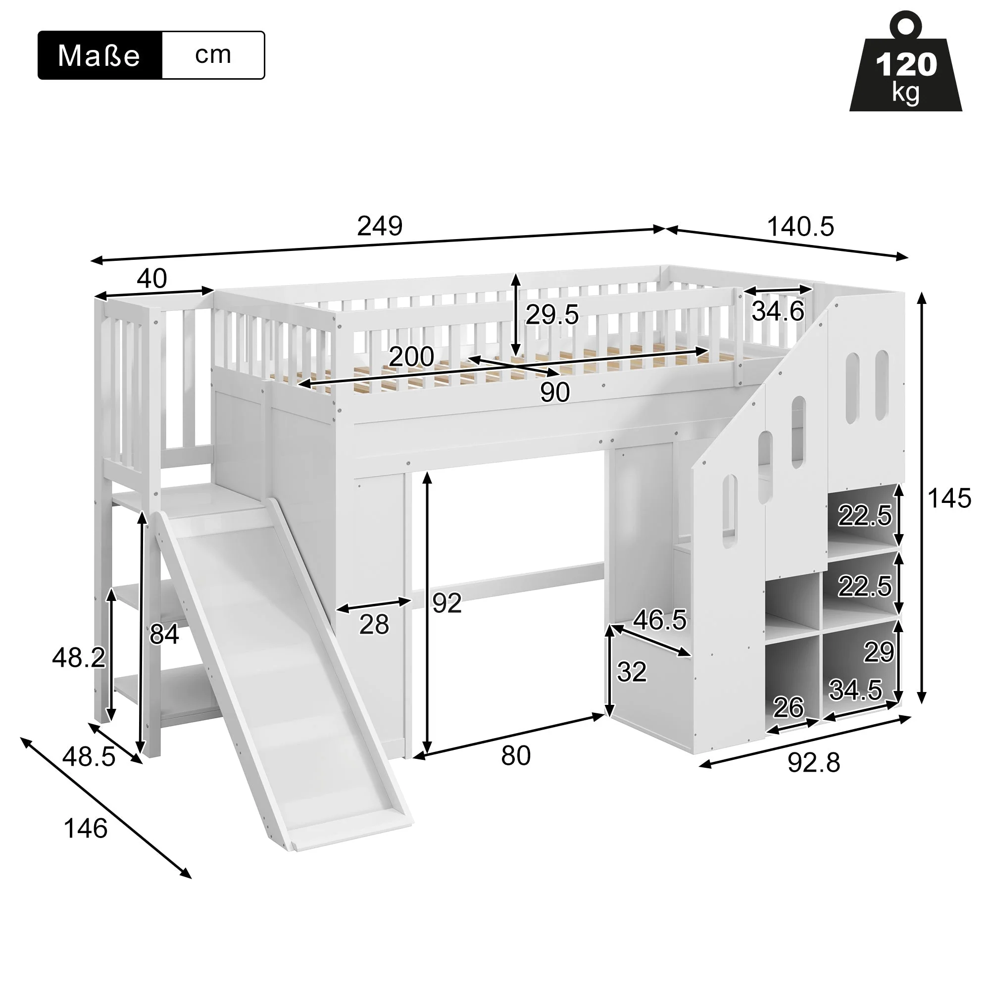 Bunk Bed with Slide, Storage Stairs and LED Light Strip, White Solid Wood - Image 9