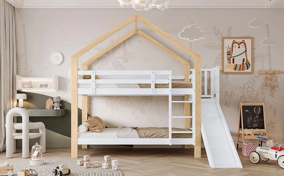 Bunk bed with slide, three-step angled ladder, safety guard, solid wood, white and natural, 90x200cm - Image 10