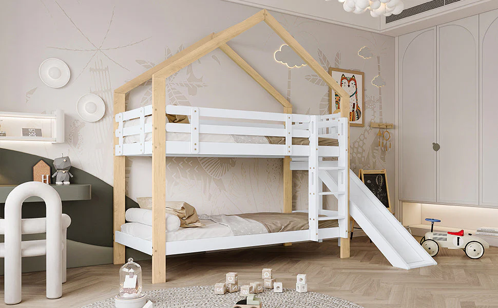 Bunk bed with slide, three-step angled ladder, safety guard, solid wood, white and natural, 90x200cm - Image 11