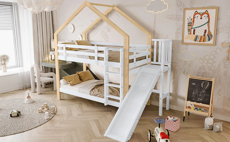 Bunk bed with slide, three-step angled ladder, safety guard, solid wood, white and natural, 90x200cm - Image 12