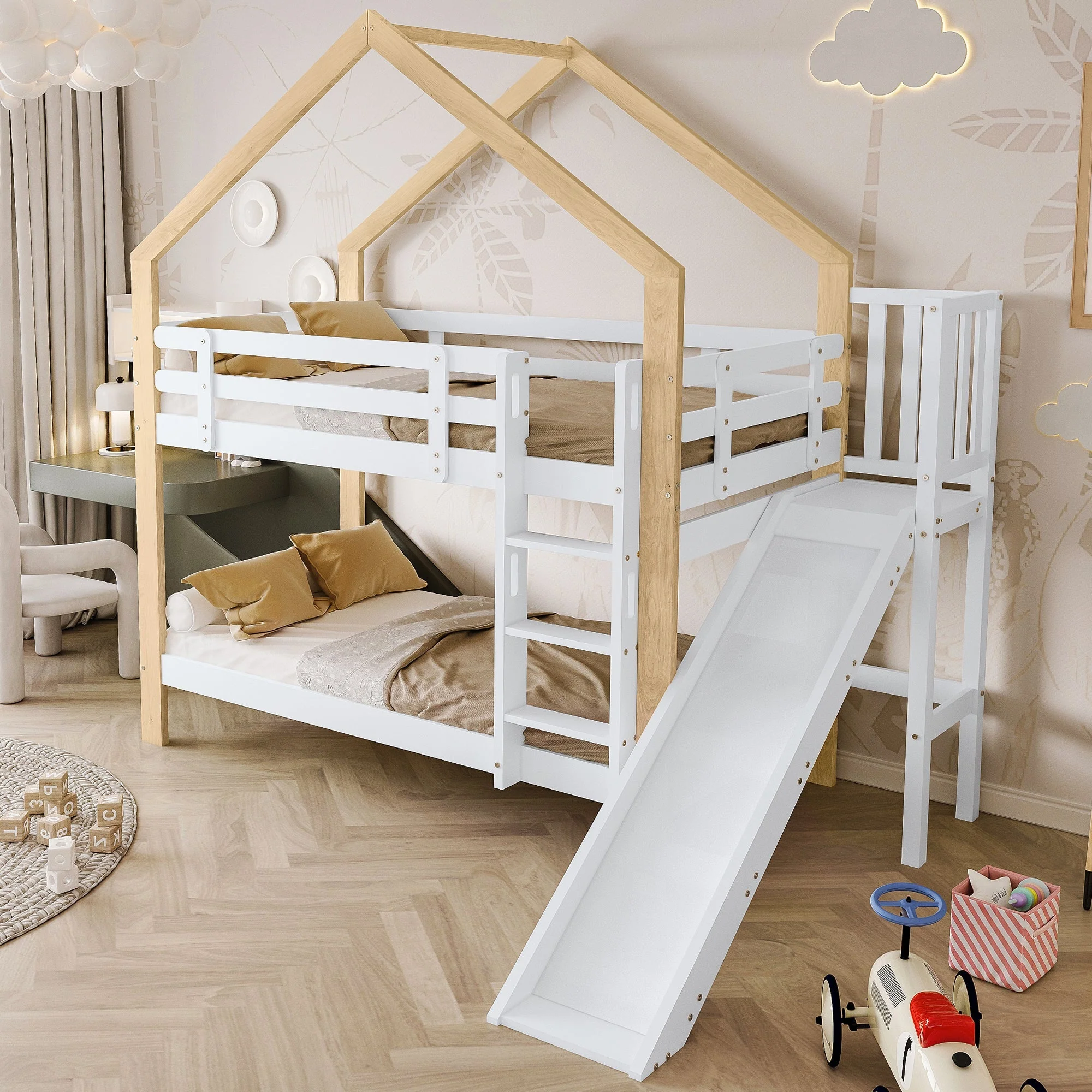 Bunk bed with slide, three-step angled ladder, safety guard, solid wood, white and natural, 90x200cm - Image 2