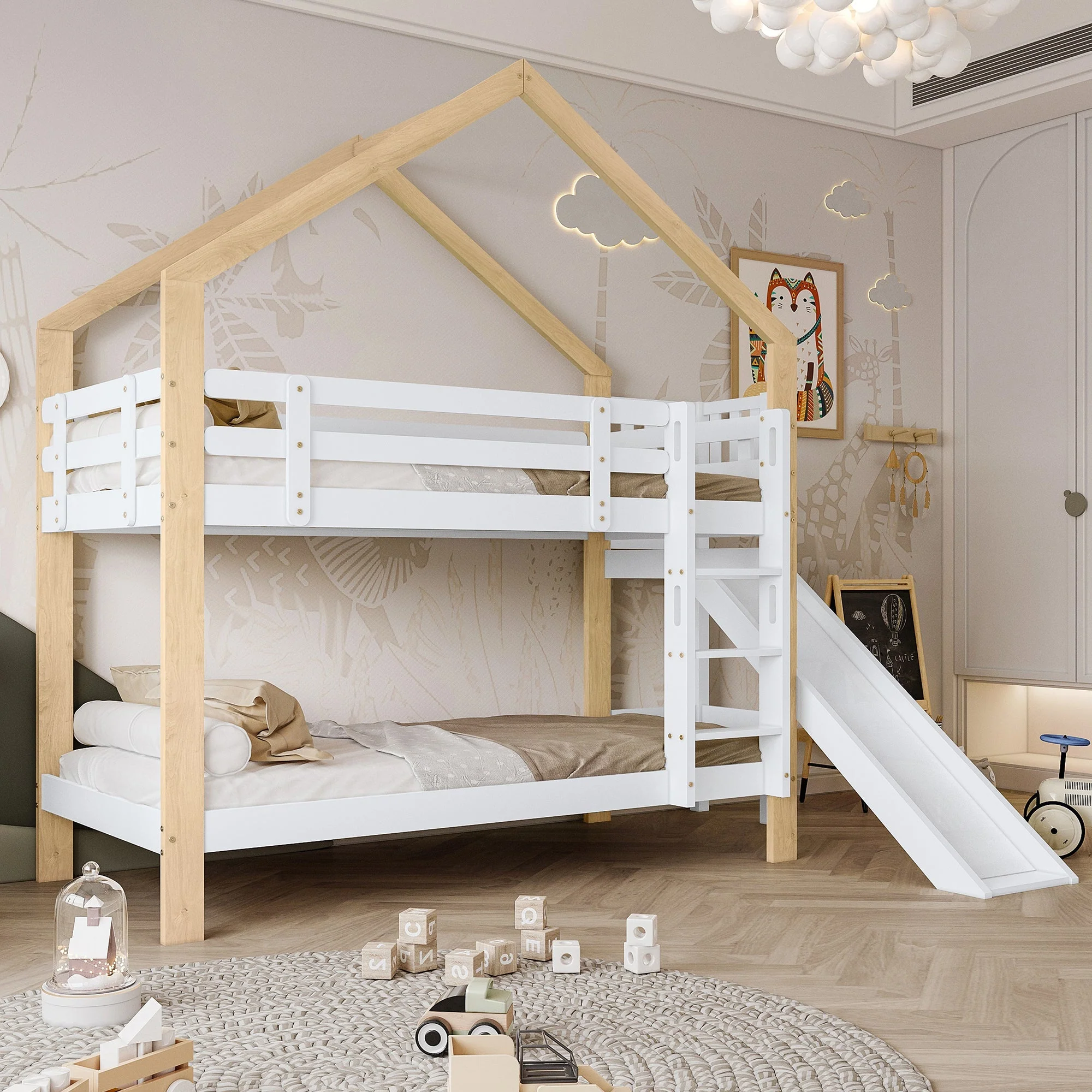 Bunk bed with slide, three-step angled ladder, safety guard, solid wood, white and natural, 90x200cm - Image 3