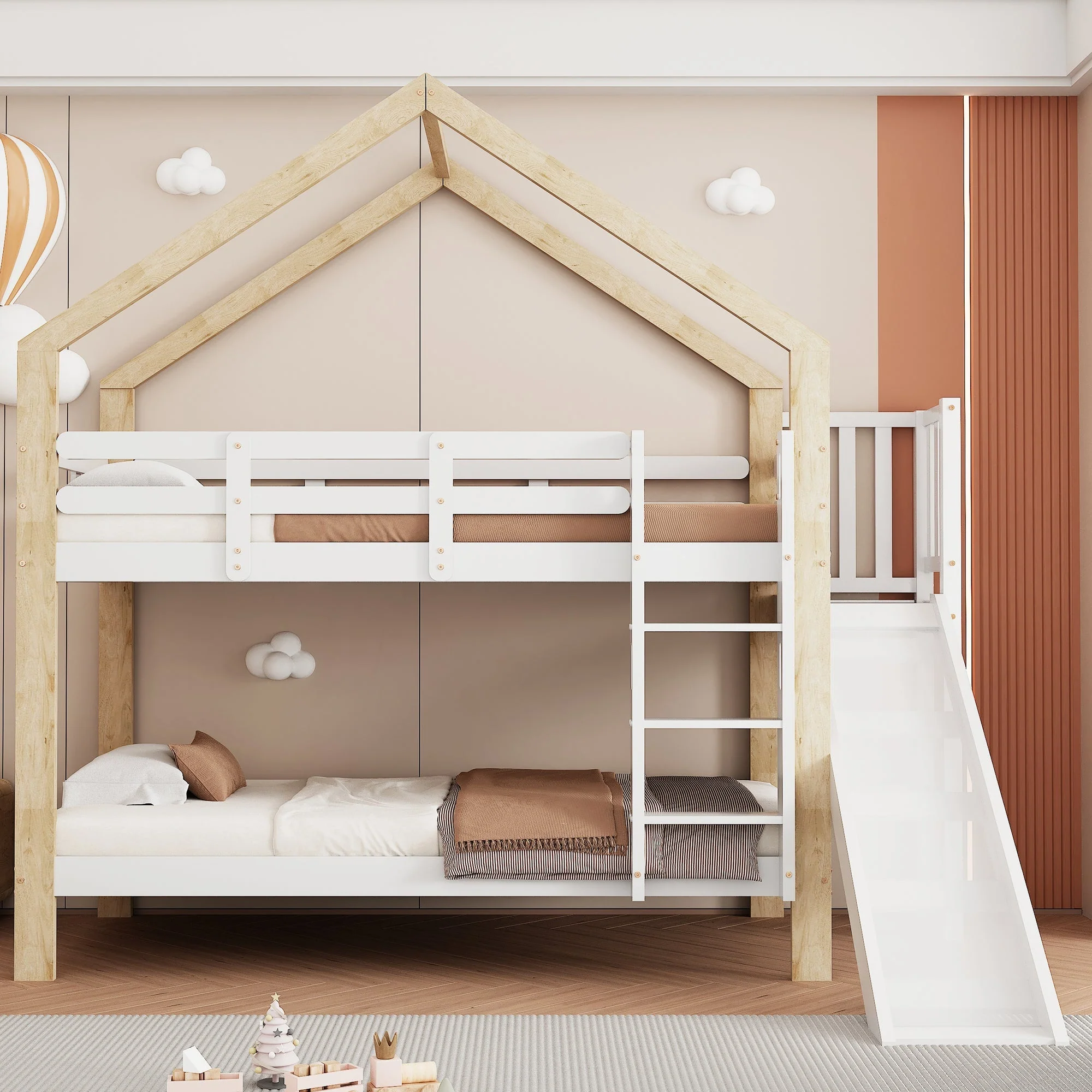 Bunk bed with slide, three-step angled ladder, safety guard, solid wood, white and natural, 90x200cm - Image 4