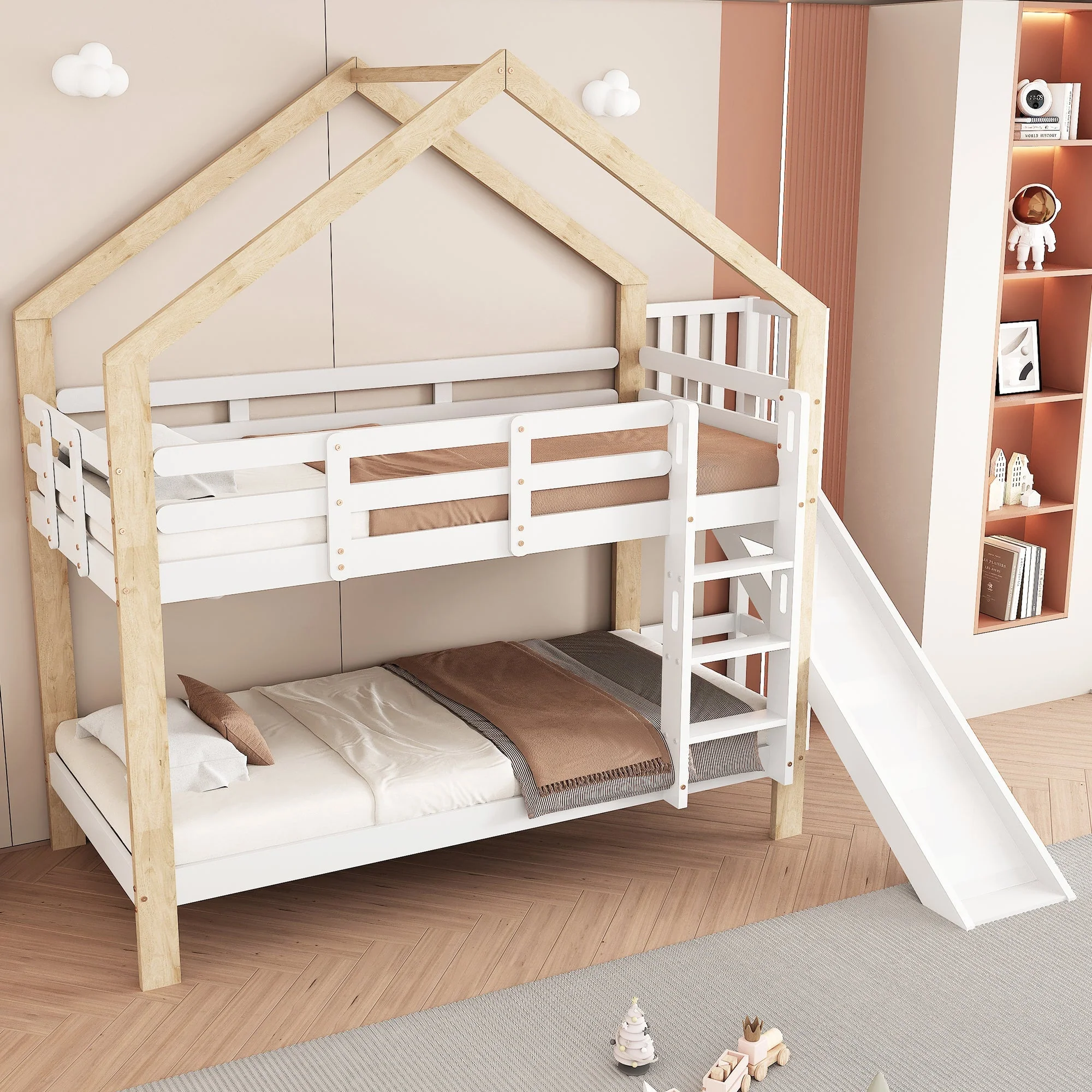Bunk bed with slide, three-step angled ladder, safety guard, solid wood, white and natural, 90x200cm - Image 5