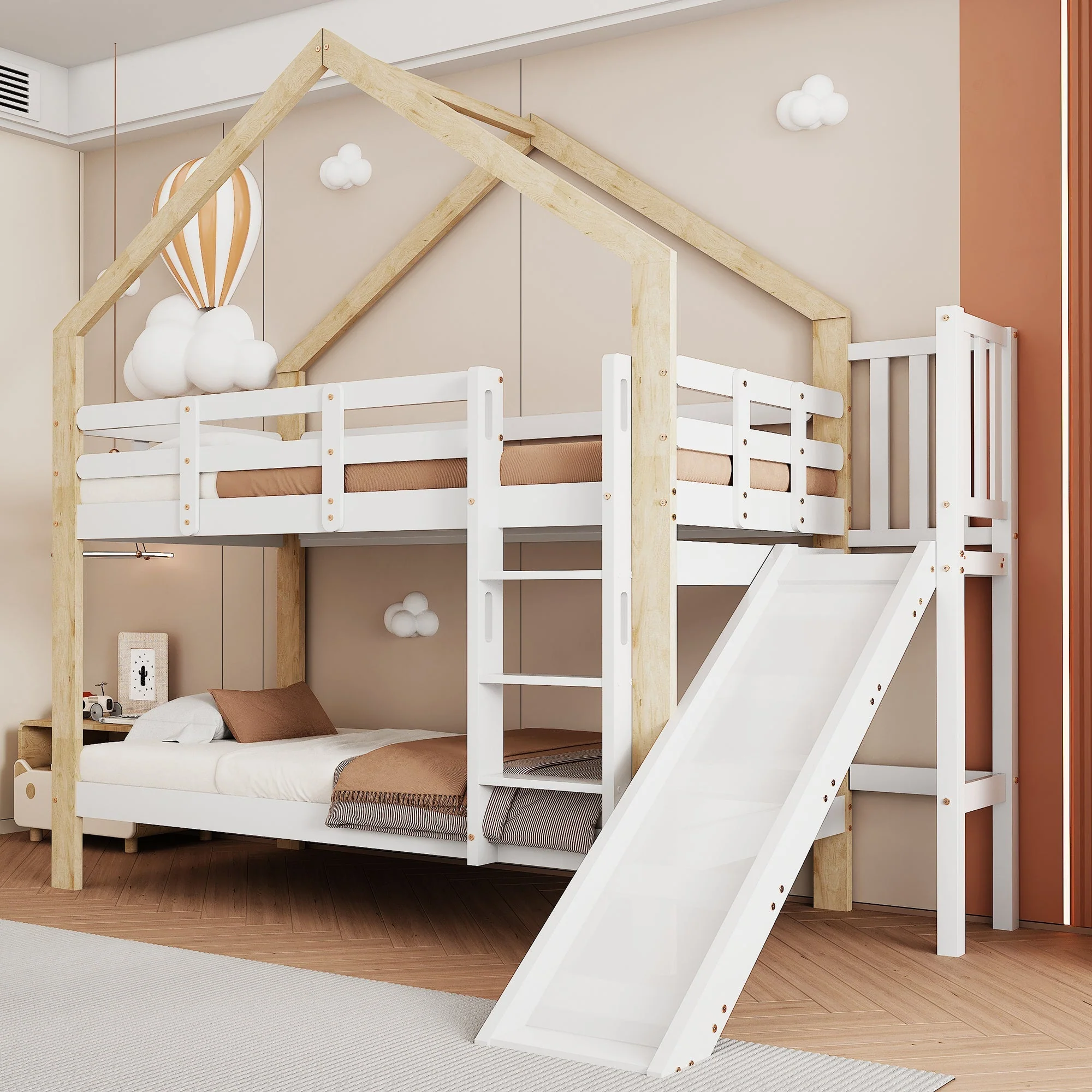 Bunk bed with slide, three-step angled ladder, safety guard, solid wood, white and natural, 90x200cm - Image 6