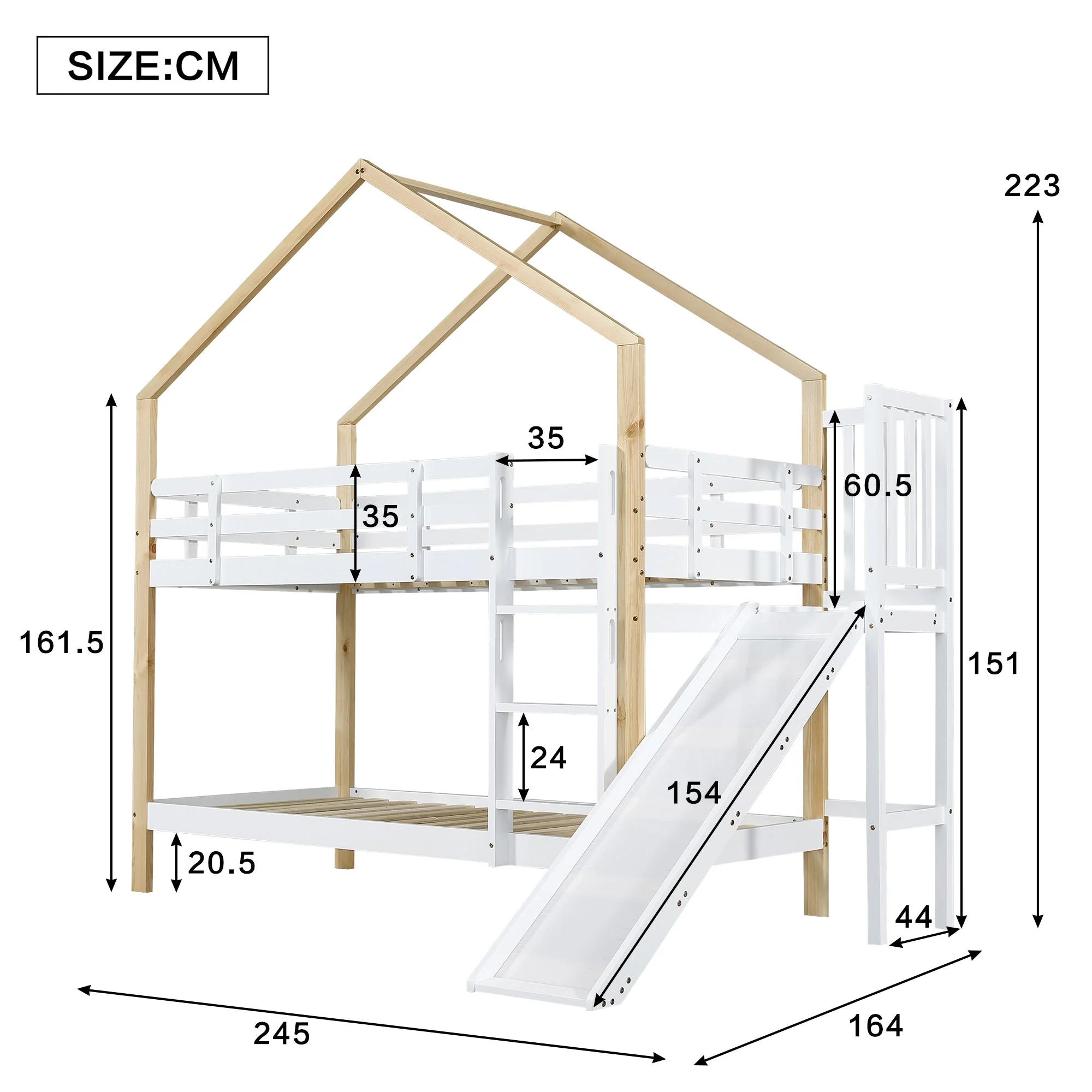 Bunk bed with slide, three-step angled ladder, safety guard, solid wood, white and natural, 90x200cm - Image 7