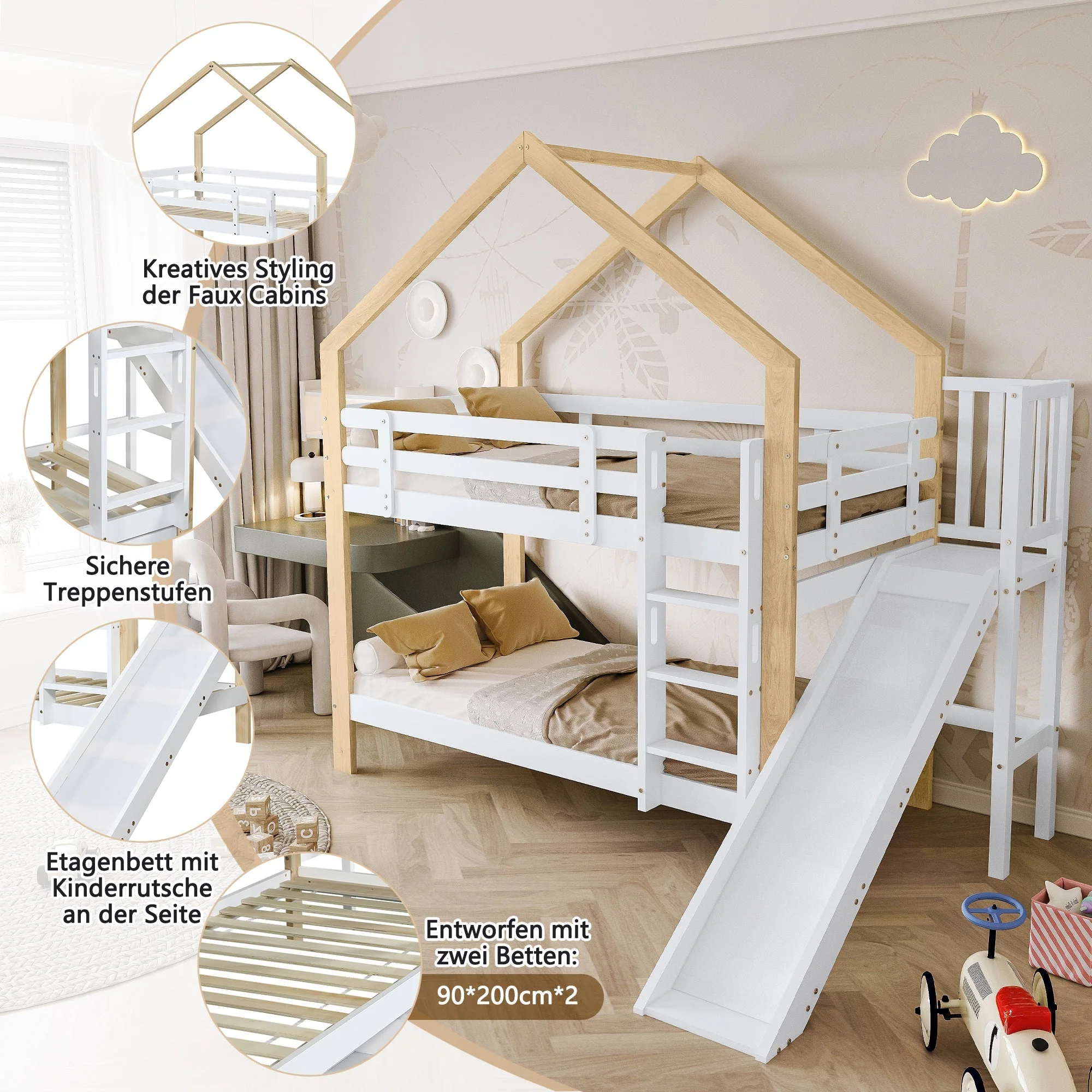 Bunk bed with slide, three-step angled ladder, safety guard, solid wood, white and natural, 90x200cm - Image 8