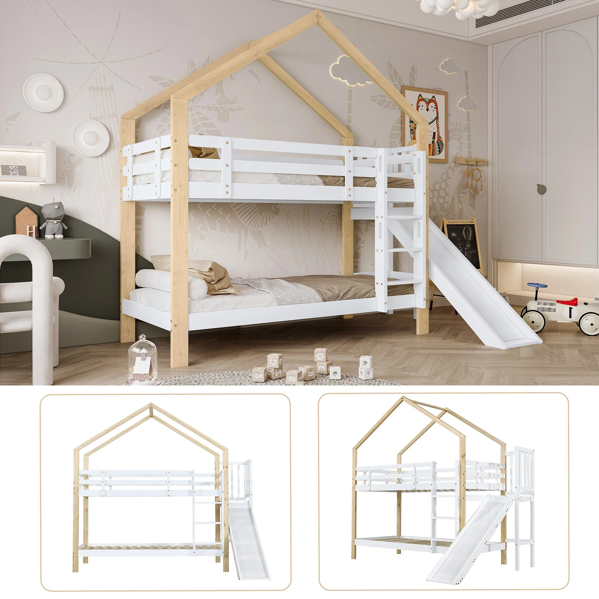 Bunk bed with slide, three-step angled ladder, safety guard, solid wood, white and natural, 90x200cm - Image 9