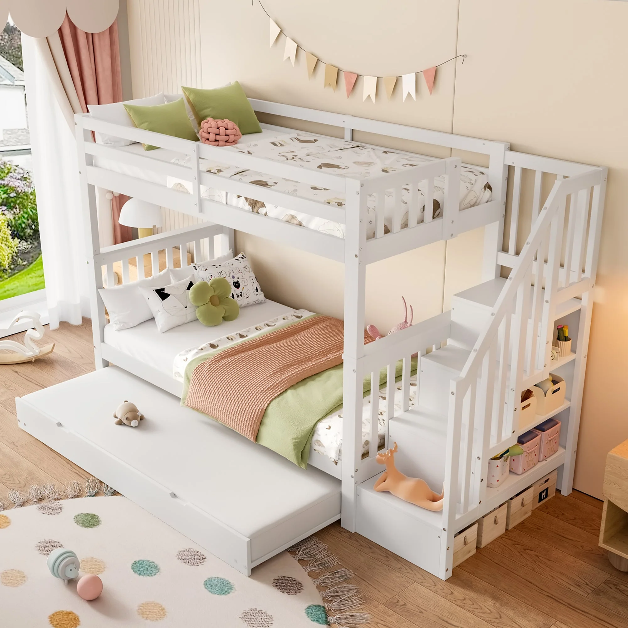 Bunk Bed with Stair Shelf and Pull-out Trundle Bed, 90x200cm, White - Image 2