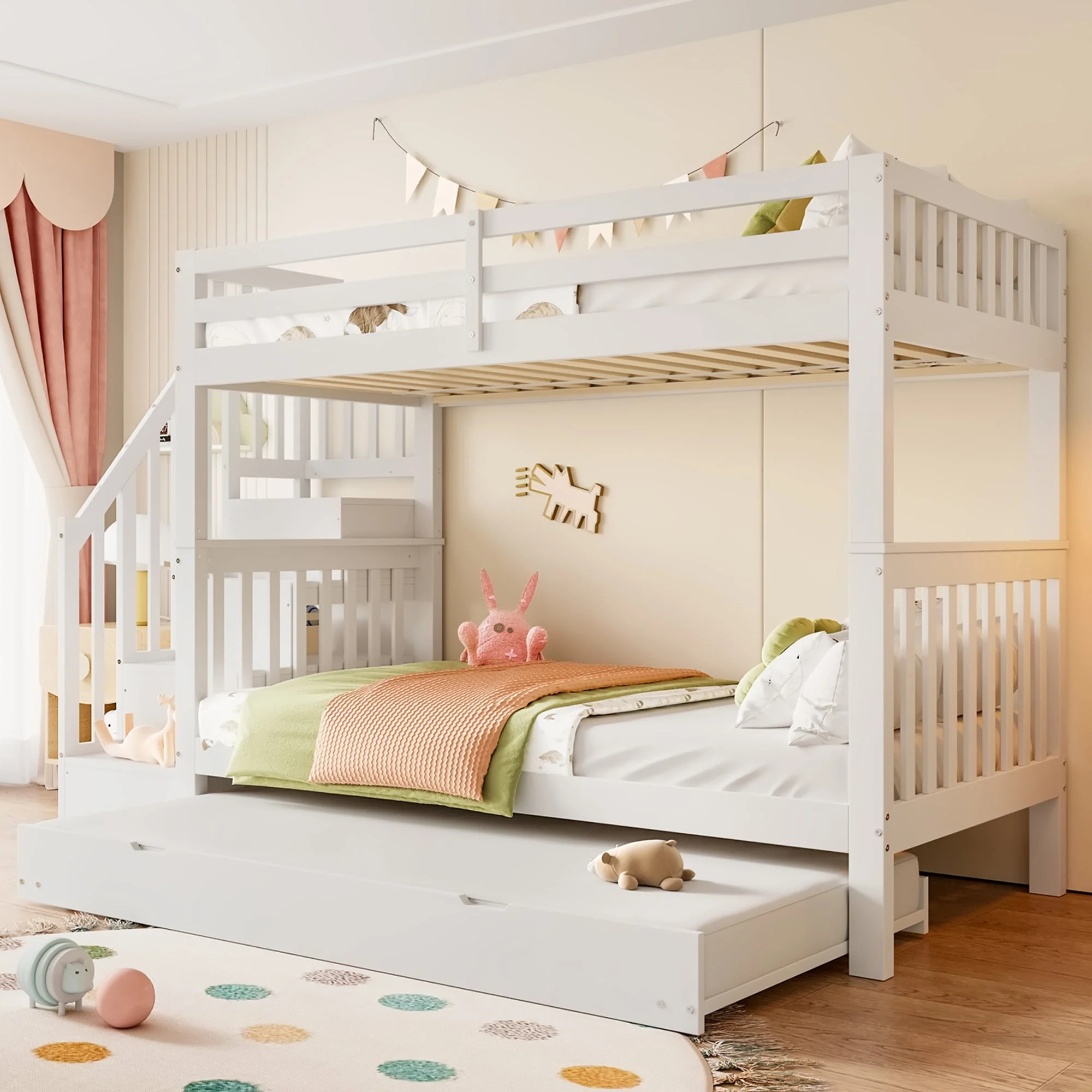 Bunk Bed with Stair Shelf and Pull-out Trundle Bed, 90x200cm, White - Image 3