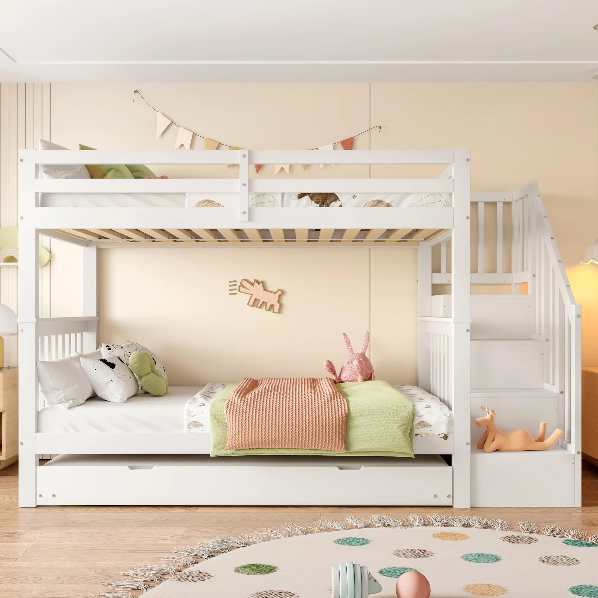 Bunk Bed with Stair Shelf and Pull-out Trundle Bed, 90x200cm, White - Image 4