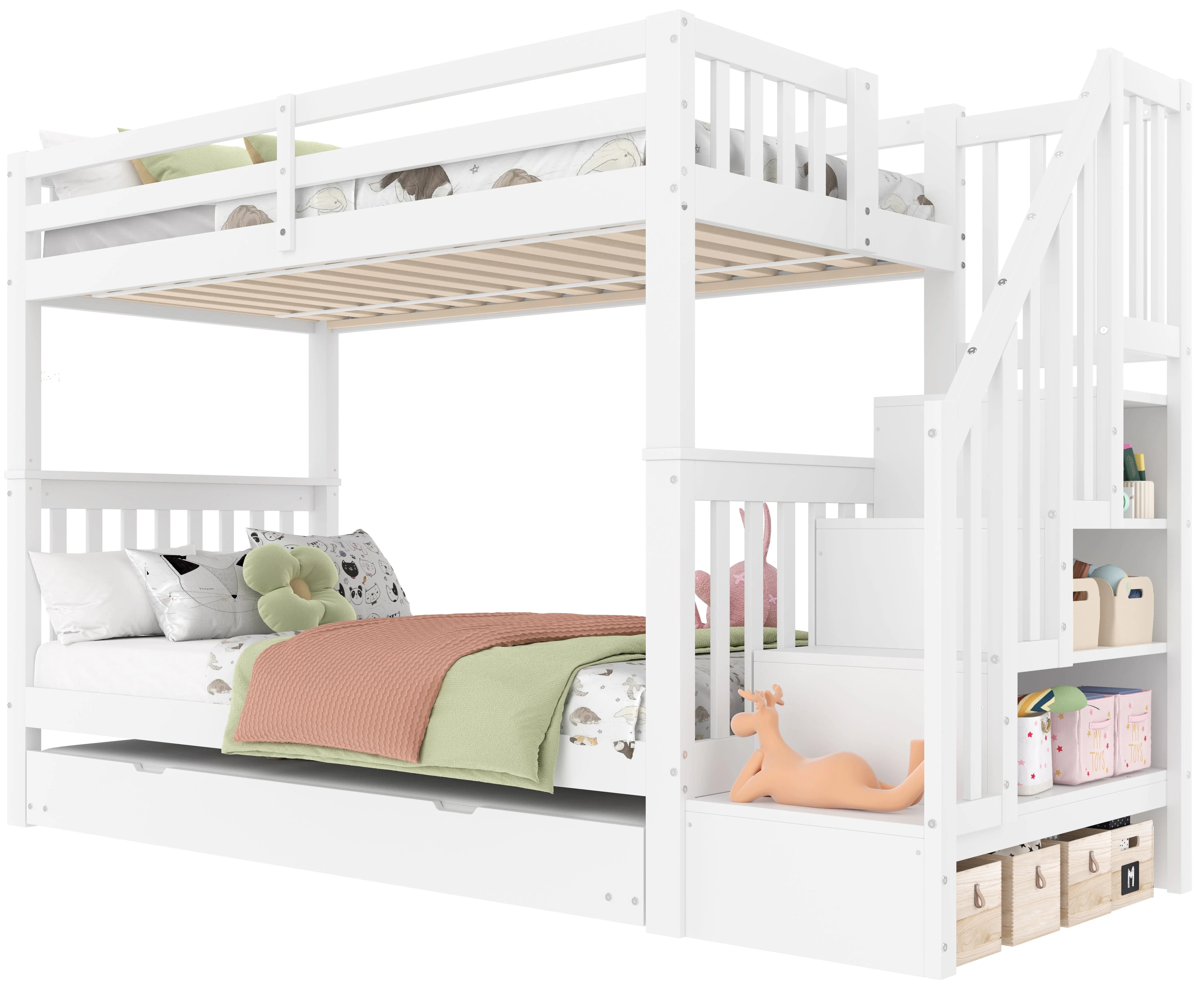 Bunk Bed with Stair Shelf and Pull-out Trundle Bed, 90x200cm, White - Image 7