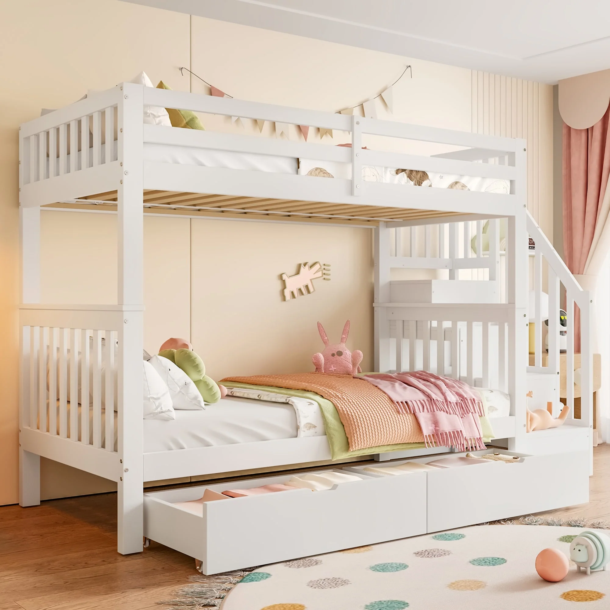 Bunk Bed with Stair Shelf and Two Storage Drawers, 90x200cm, White Pine Wood and MDF - Image 3