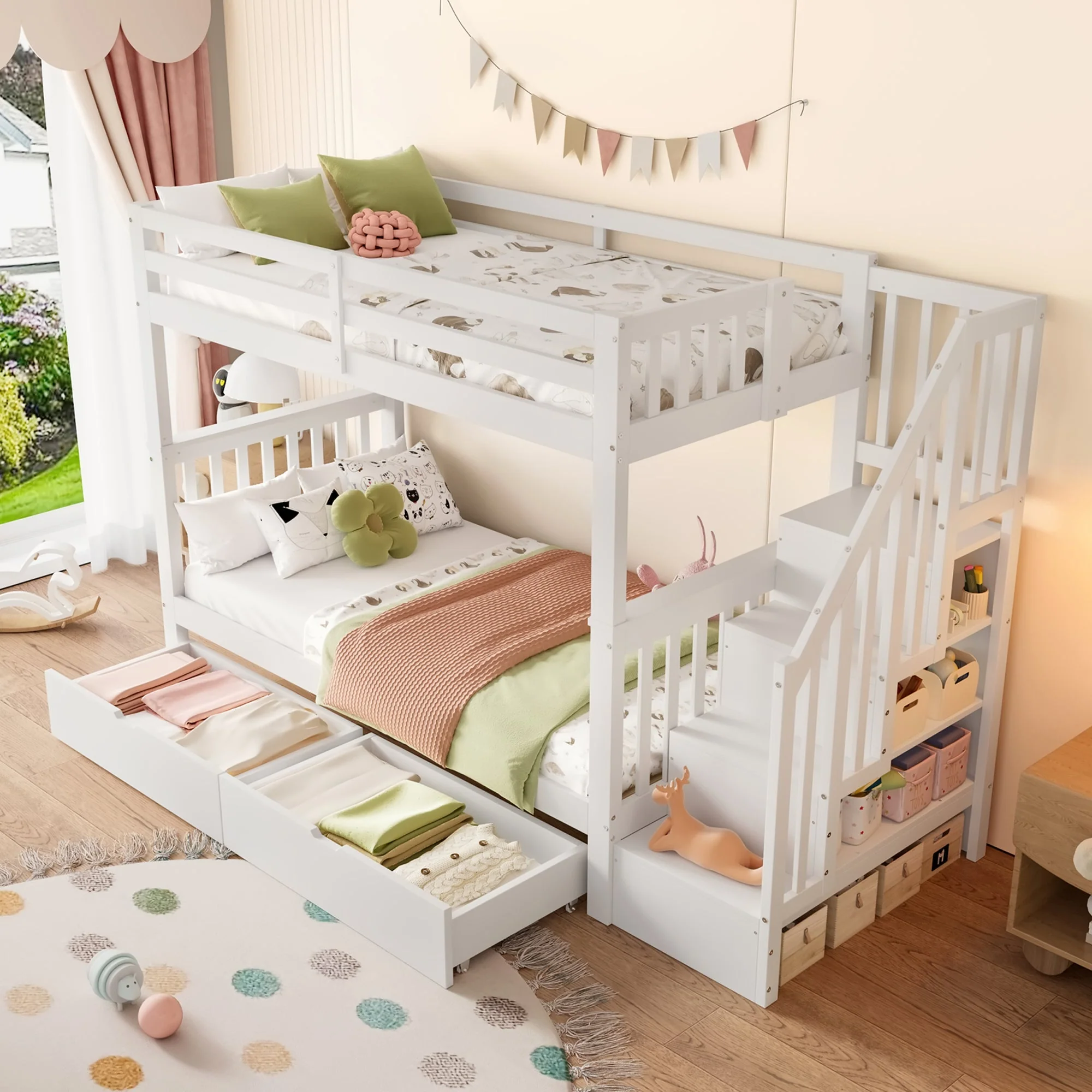 Bunk Bed with Stair Shelf and Two Storage Drawers, 90x200cm, White Pine Wood and MDF - Image 4