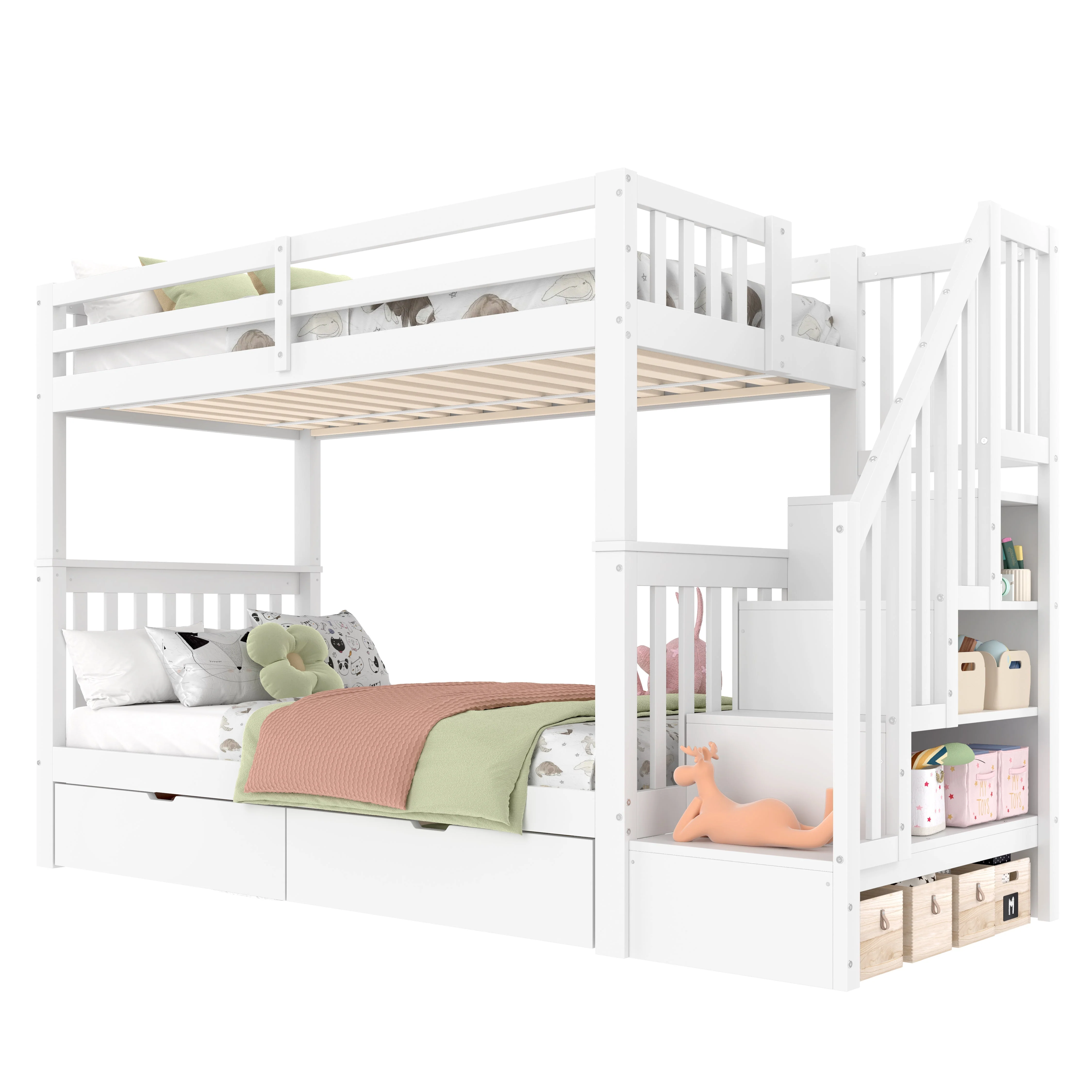 Bunk Bed with Stair Shelf and Two Storage Drawers, 90x200cm, White Pine Wood and MDF - Image 7