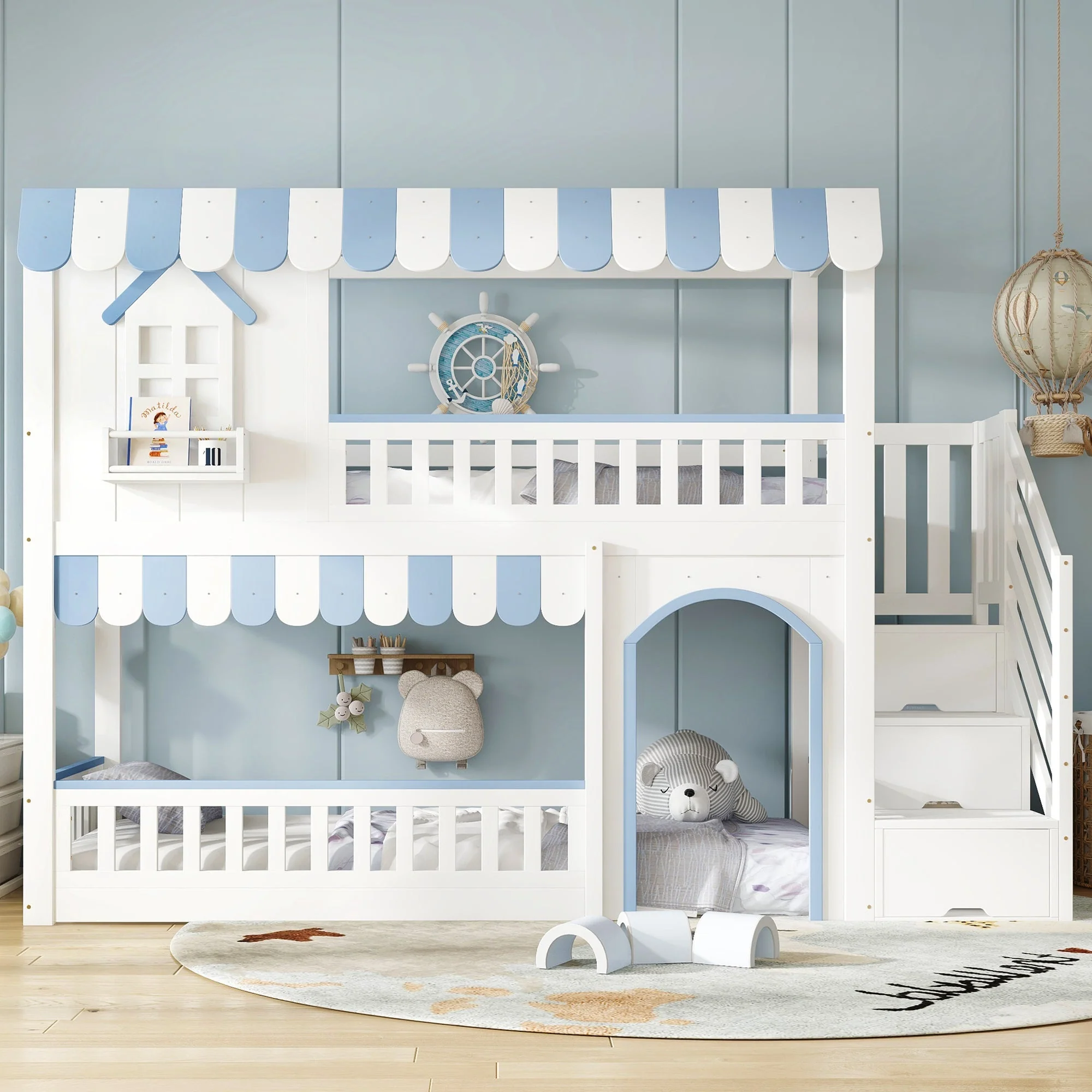 Bunk Bed with Staircase Storage and Decorative Windows, 90x200cm, White and Blue Pine + MDF + Plywood - Image 4