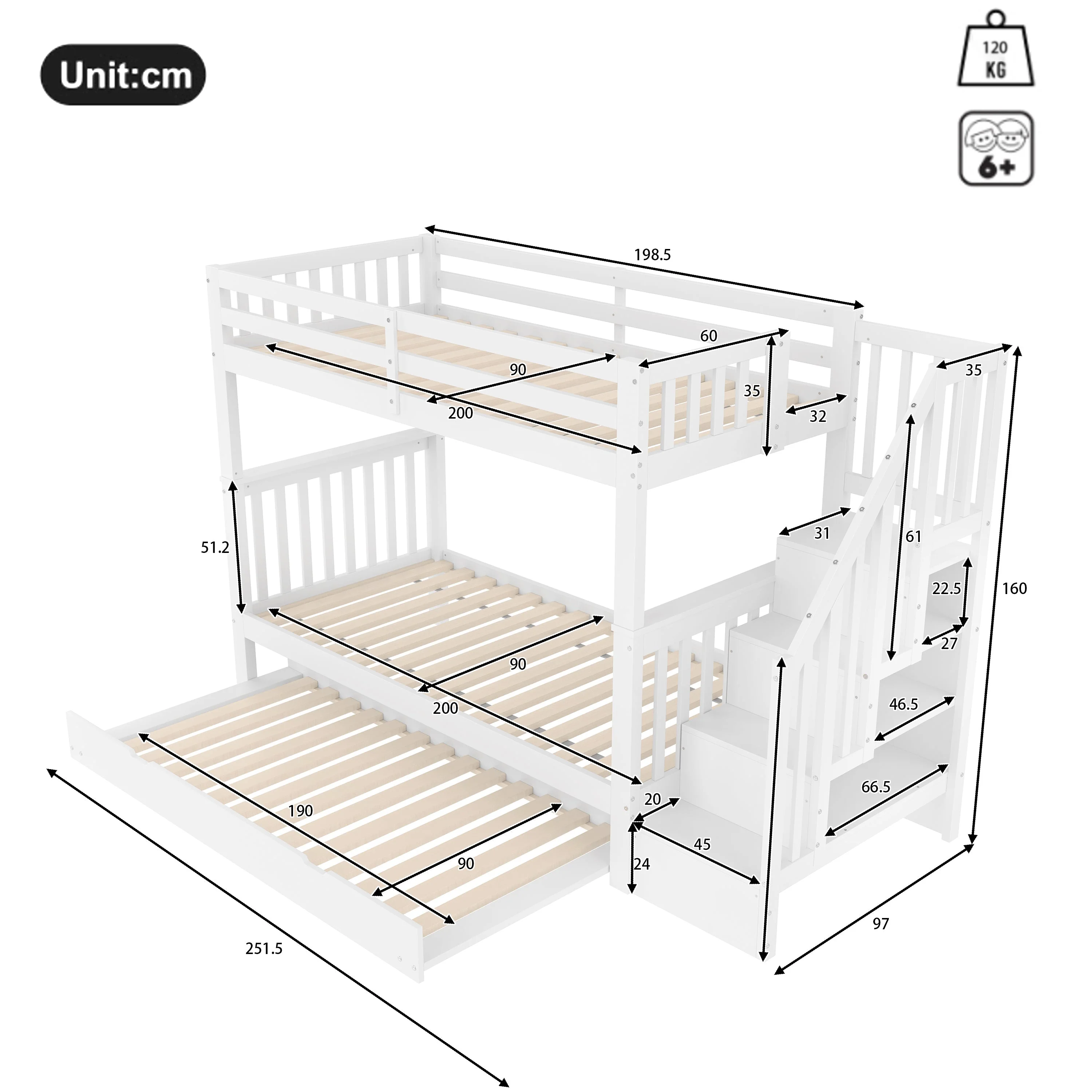 Bunk Bed with Staircase Storage and Pull-out Trundle, 90x200cm, White Pine and MDF - Image 9