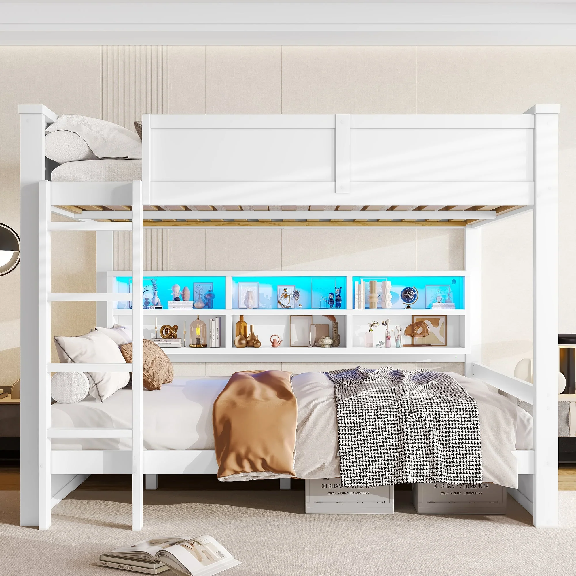 Bunk Bed with Storage Cabinets and LED Light, 160x200cm, White - Image 3