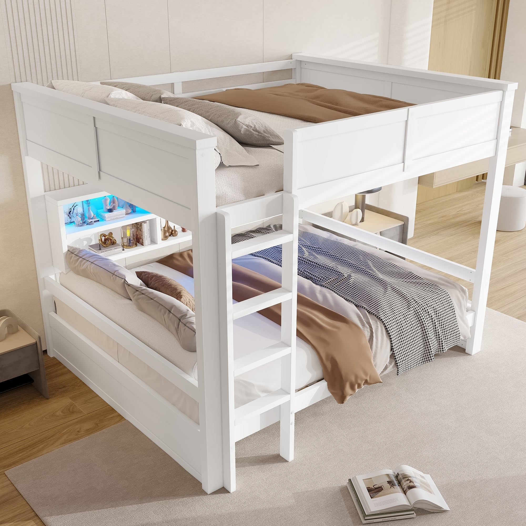 Bunk Bed with Storage Cabinets and LED Light, 160x200cm, White - Image 4