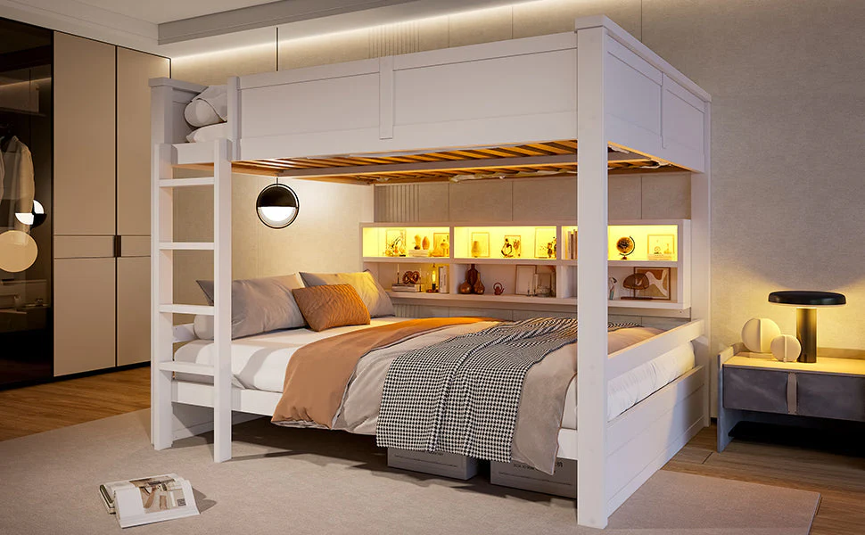 Bunk Bed with Storage Cabinets and LED Light, 160x200cm, White - Image 6