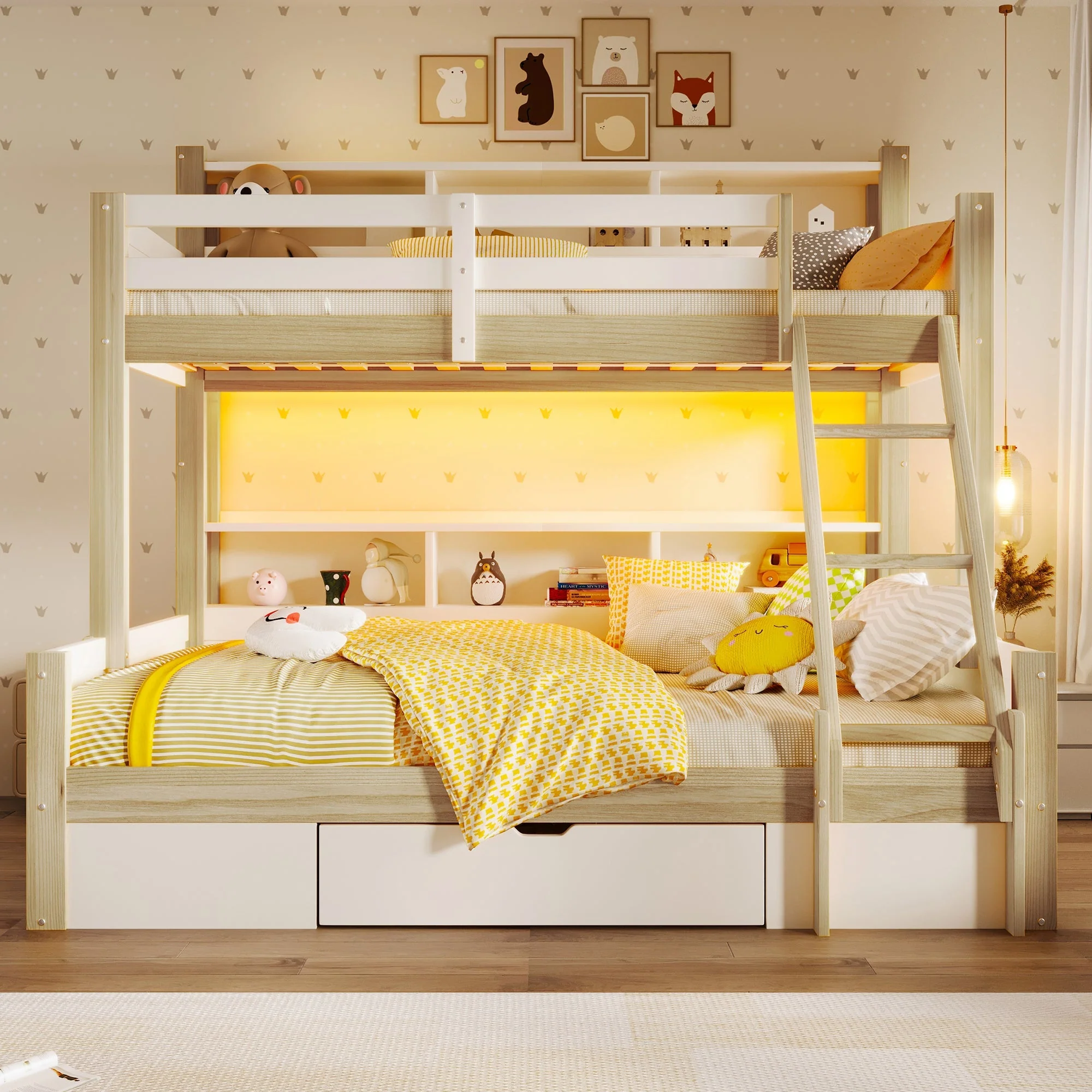 Bunk Bed with Storage Compartments, 1 Drawer and LED Light, 90x200cm + 140x200cm, White and Natural - Image 2