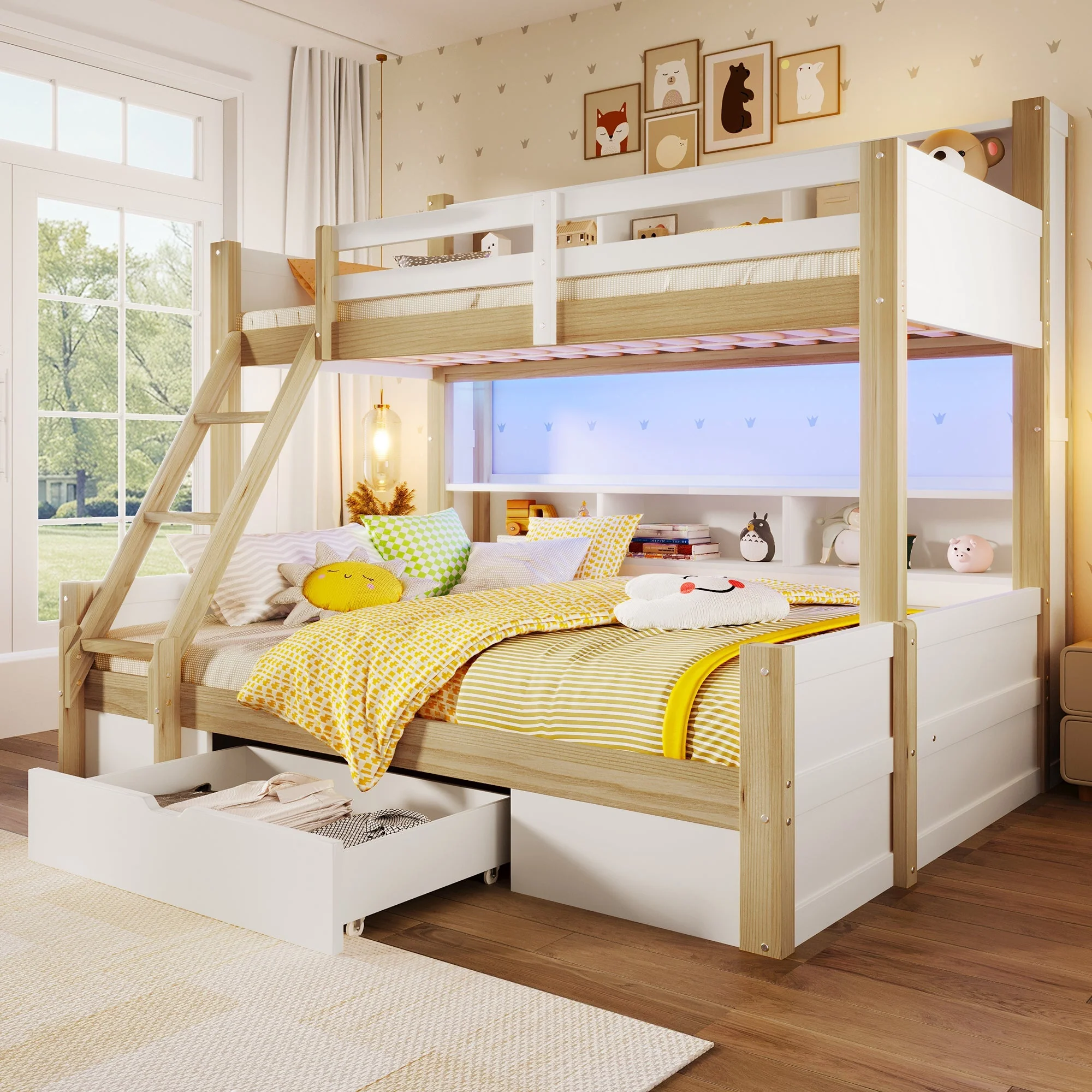 Bunk Bed with Storage Compartments, 1 Drawer and LED Light, 90x200cm + 140x200cm, White and Natural - Image 3