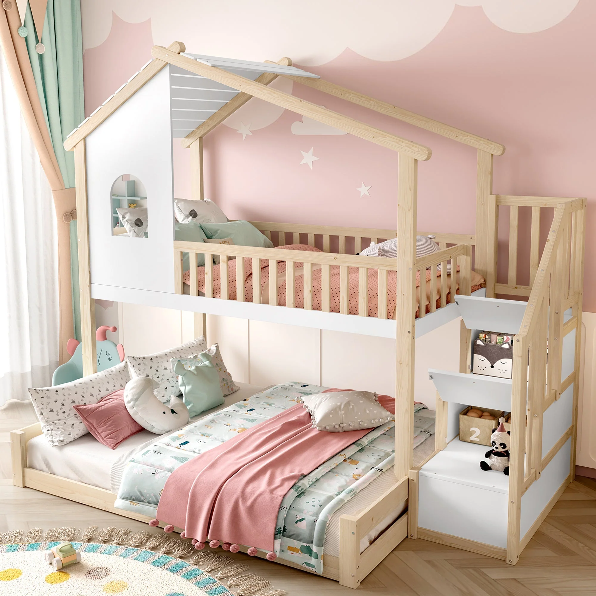 Bunk Bed with Storage Ladder and House Railing, 90x200cm and 140x200cm, Natural and White - Image 3