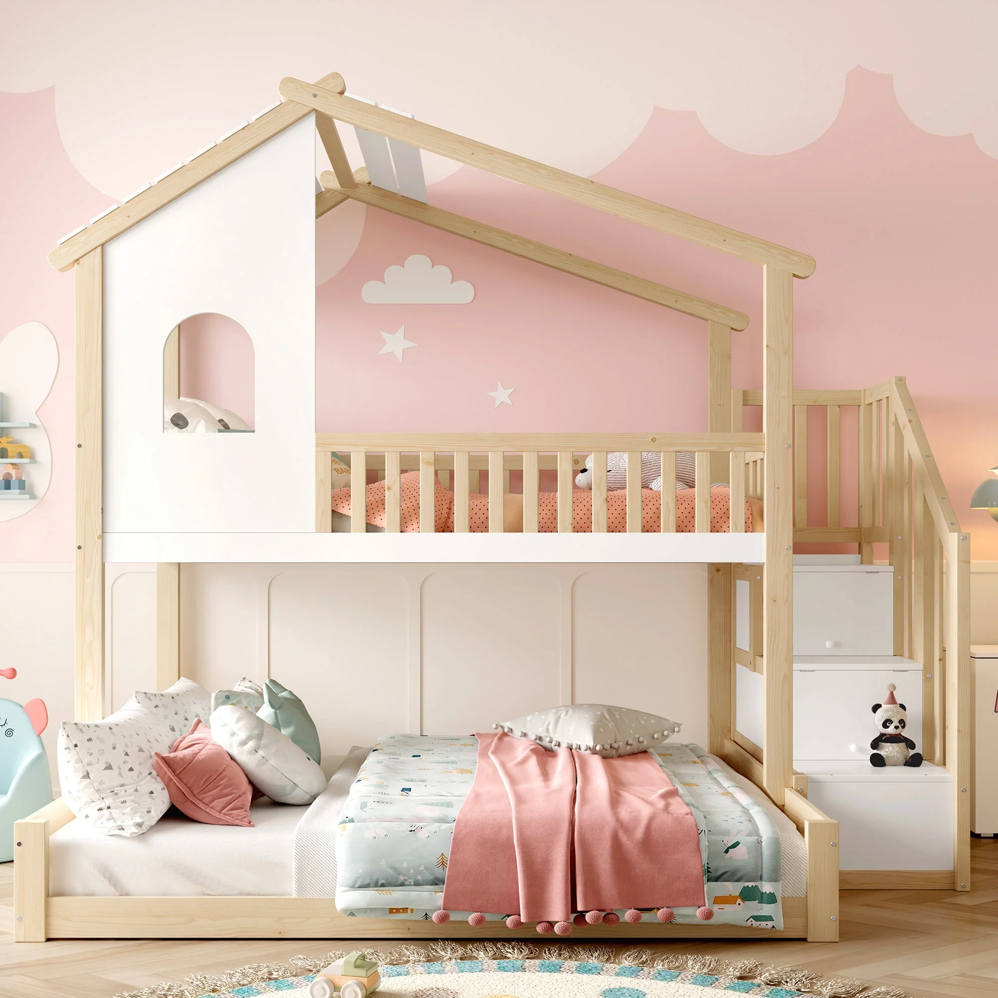 Bunk Bed with Storage Ladder and House Railing, 90x200cm and 140x200cm, Natural and White - Image 4