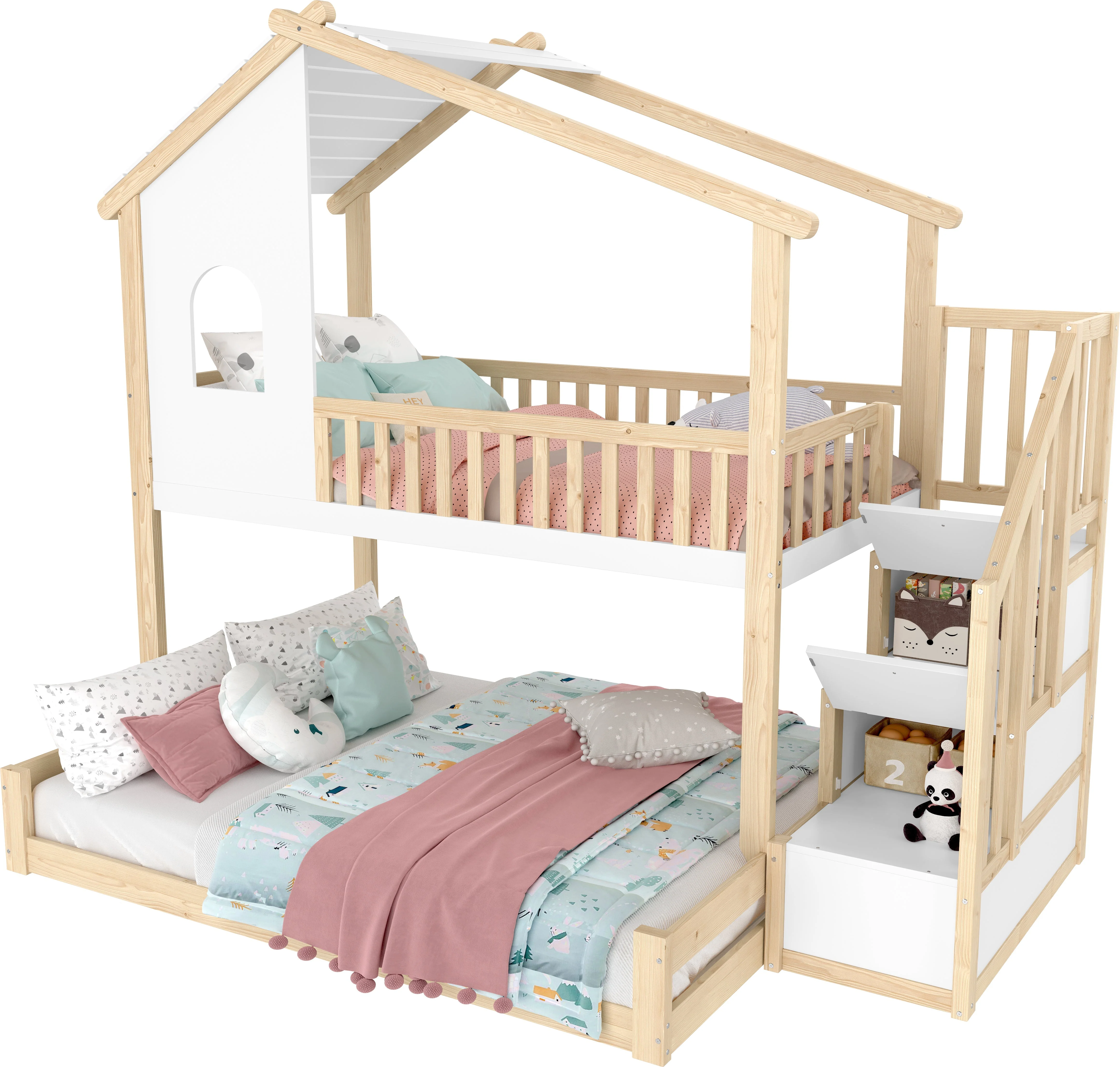 Bunk Bed with Storage Ladder and House Railing, 90x200cm and 140x200cm, Natural and White - Image 5