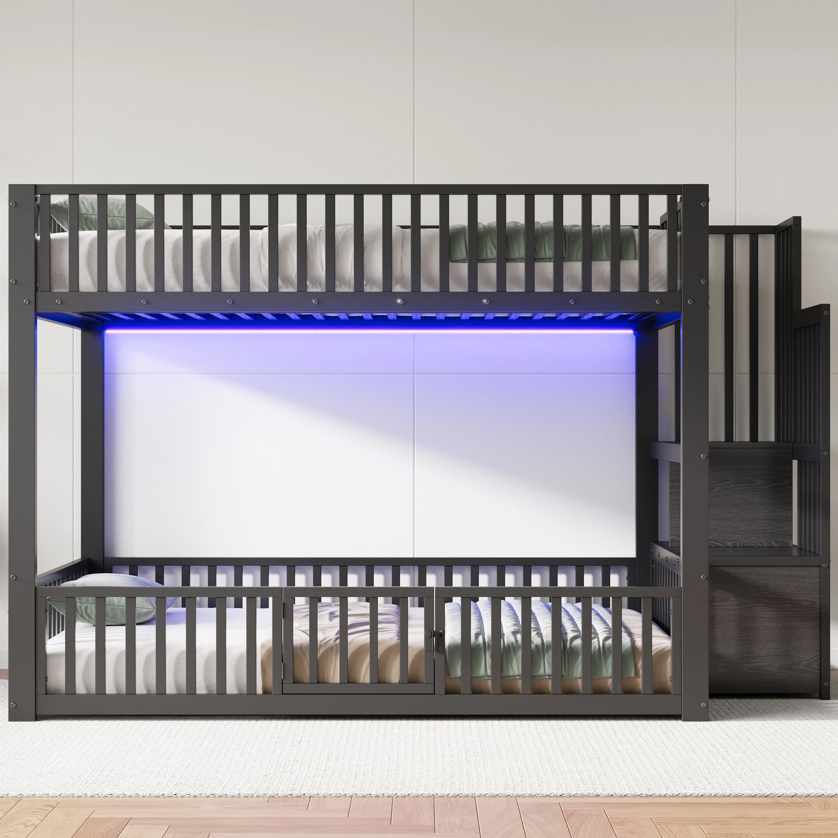 Bunk Bed with Storage Ladder and LED, 140x200cm, Black Metal + MDF - Image 3