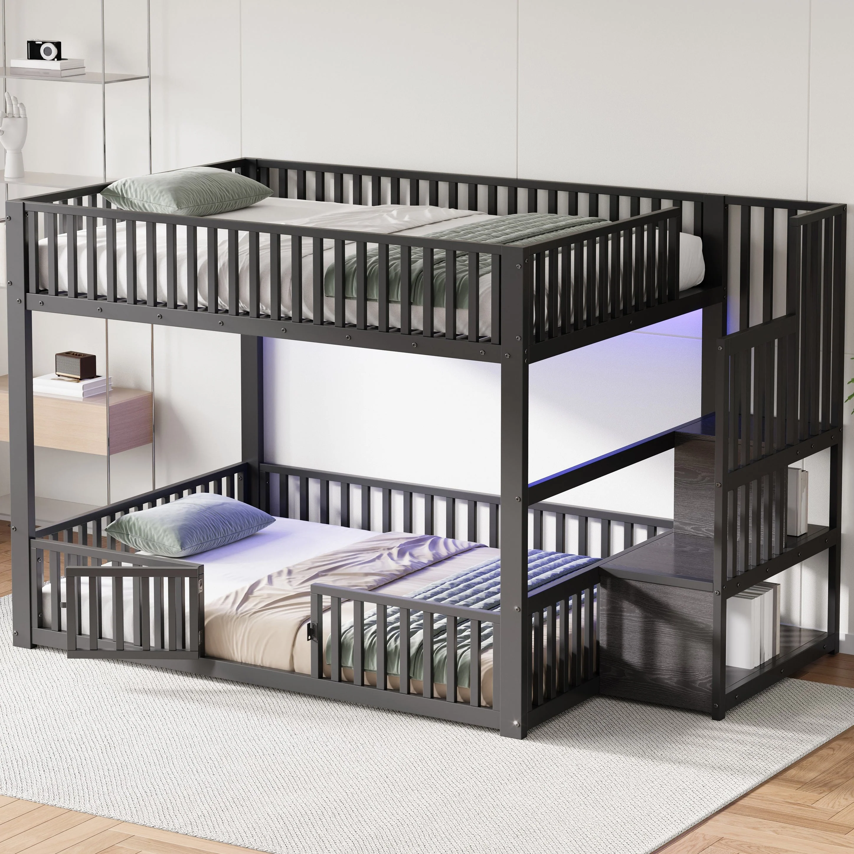 Bunk Bed with Storage Ladder and LED, 140x200cm, Black Metal + MDF - Image 4