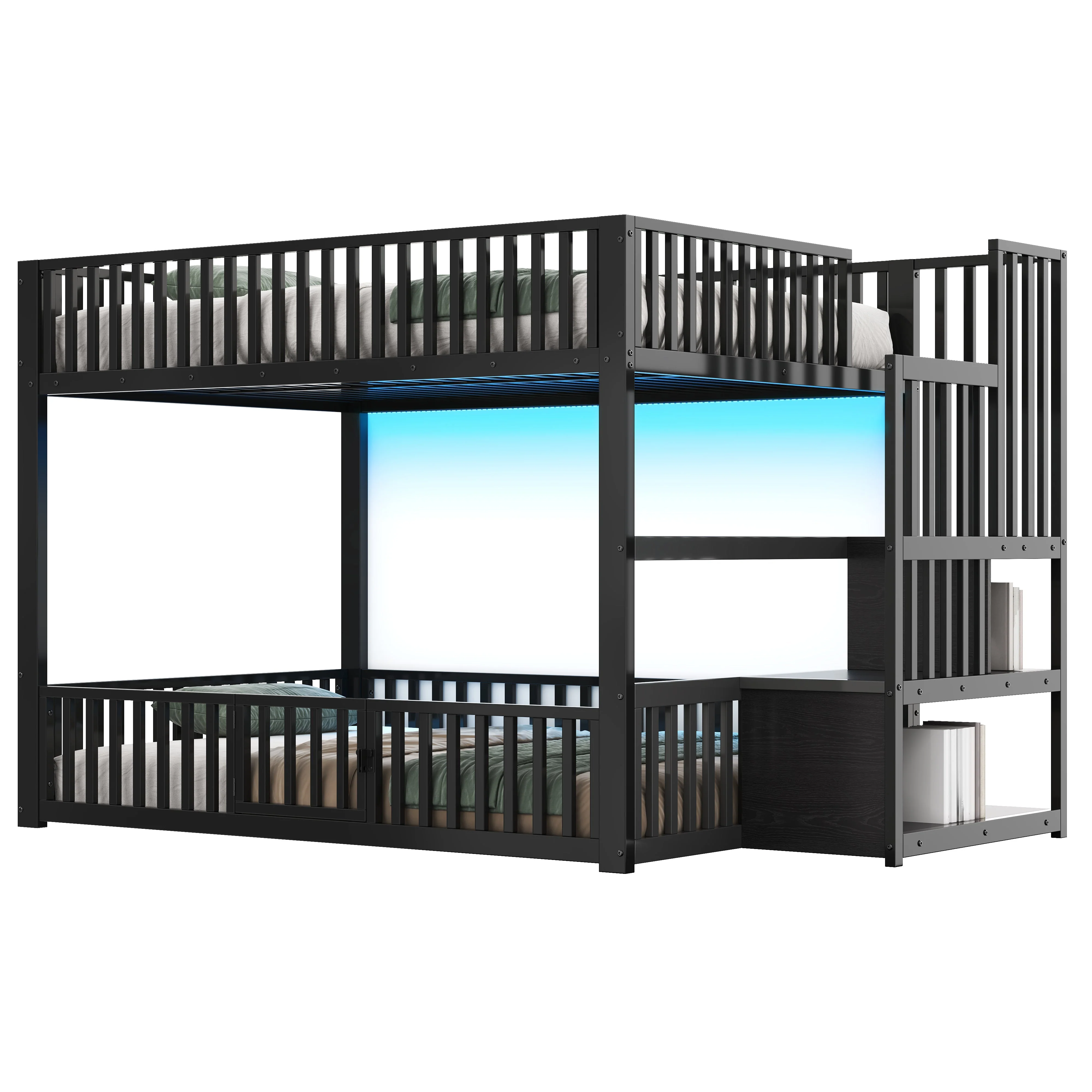 Bunk Bed with Storage Ladder and LED, 140x200cm, Black Metal + MDF - Image 5