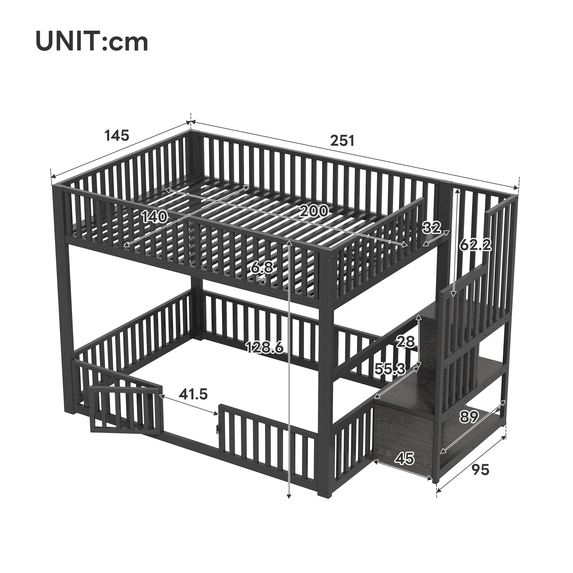 Bunk Bed with Storage Ladder and LED, 140x200cm, Black Metal + MDF - Image 6