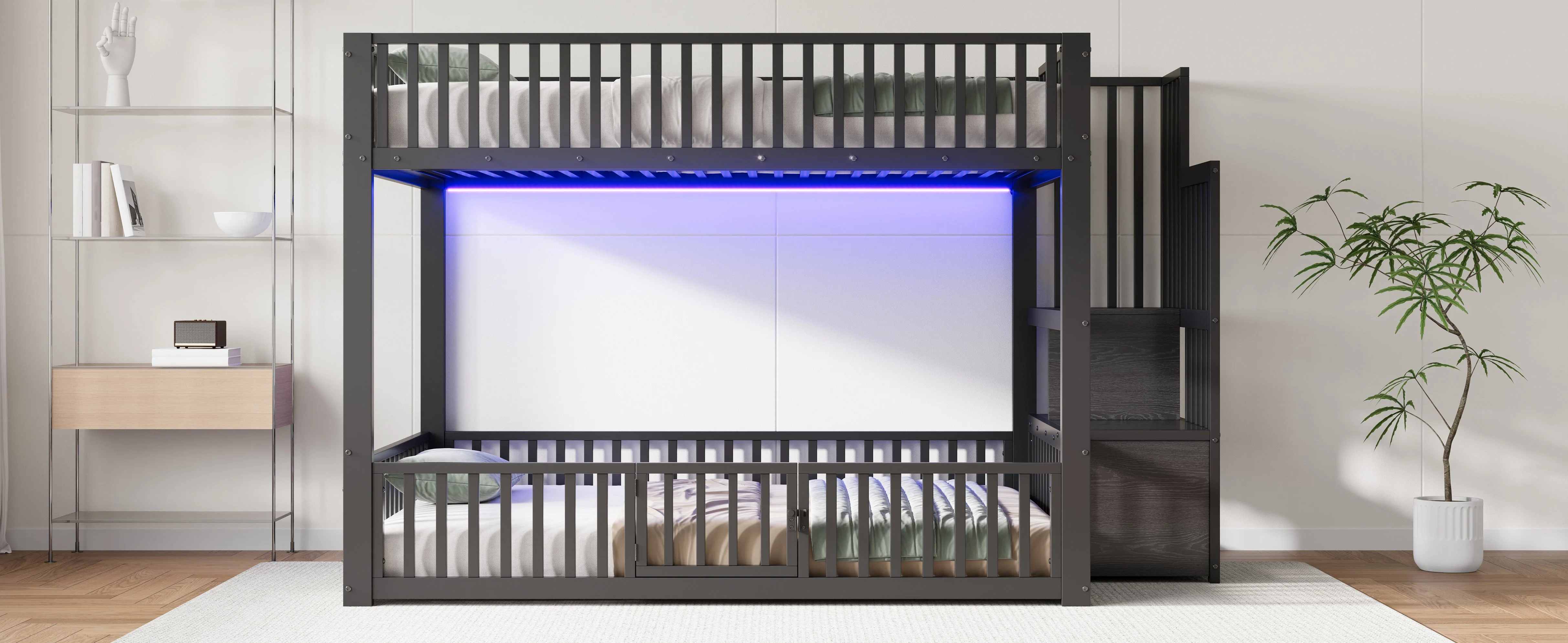 Bunk Bed with Storage Ladder and LED, 140x200cm, Black Metal + MDF - Image 7