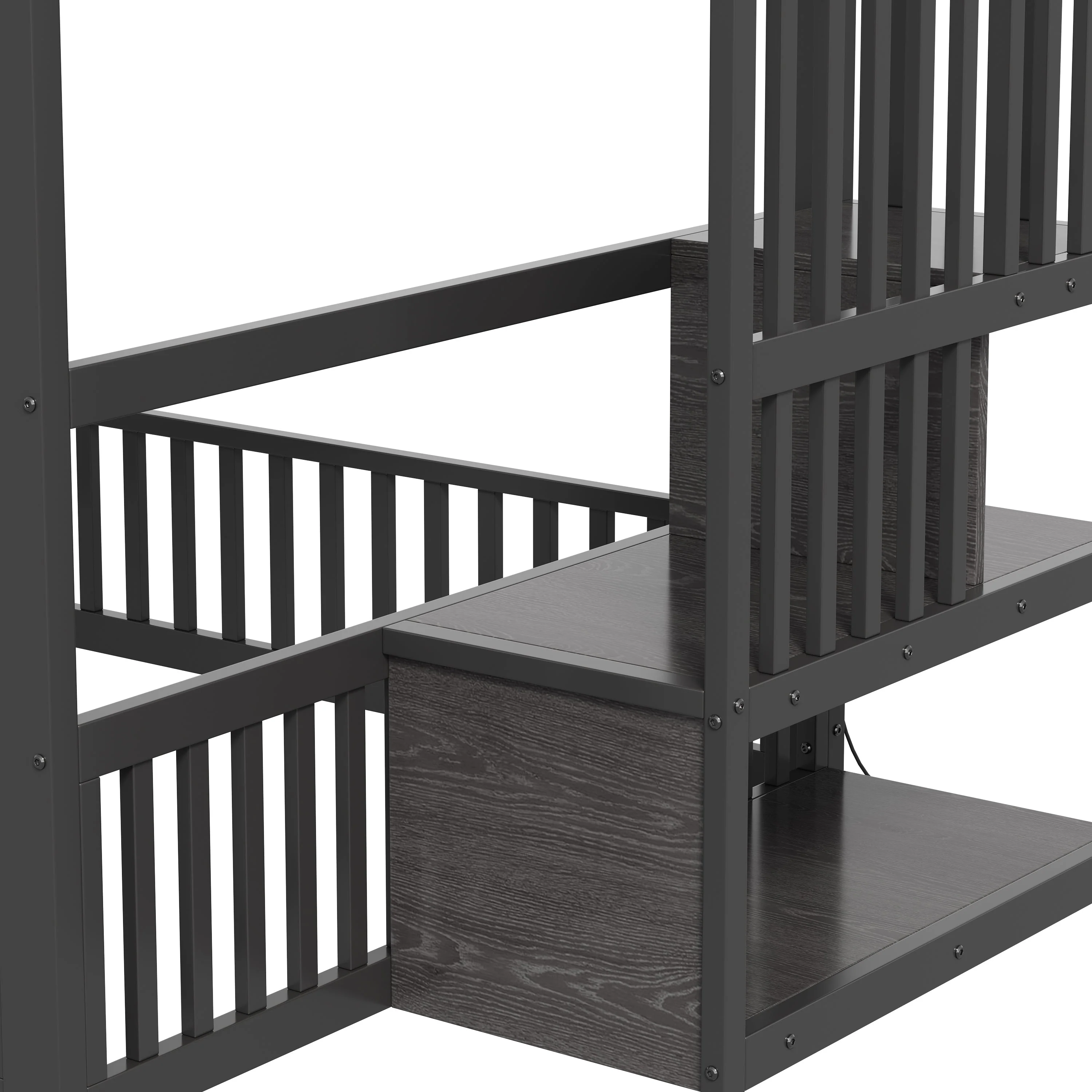 Bunk Bed with Storage Ladder and LED, 140x200cm, Black Metal + MDF - Image 9