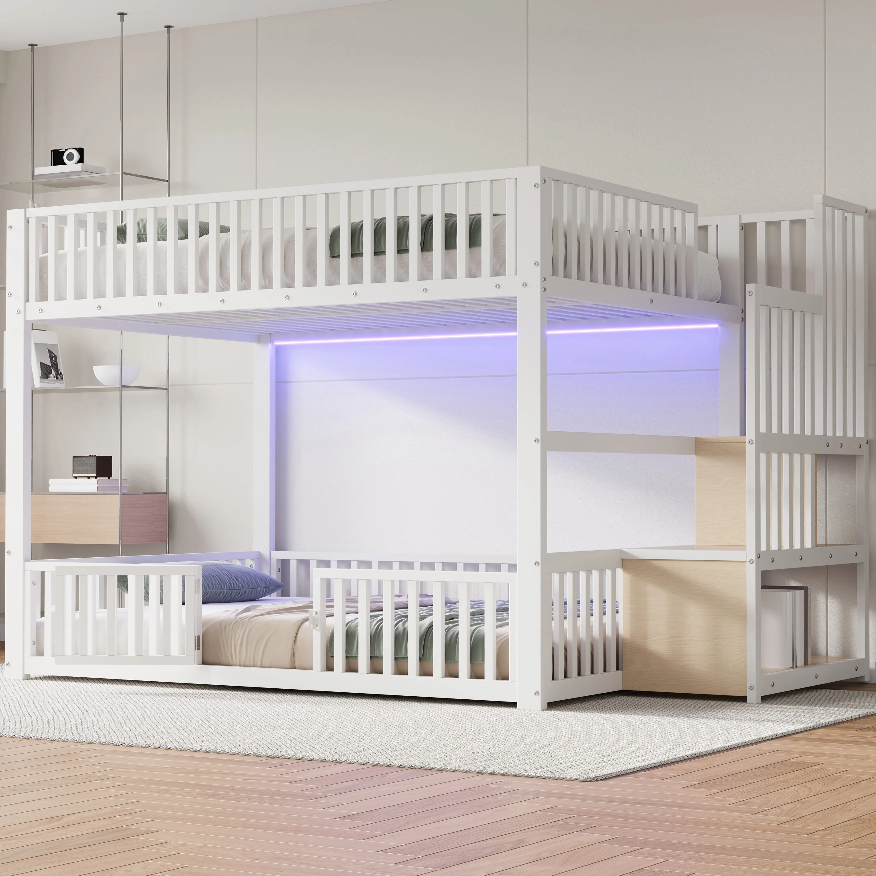 Bunk Bed with Storage Ladder and LED, 140x200cm, White - Image 3
