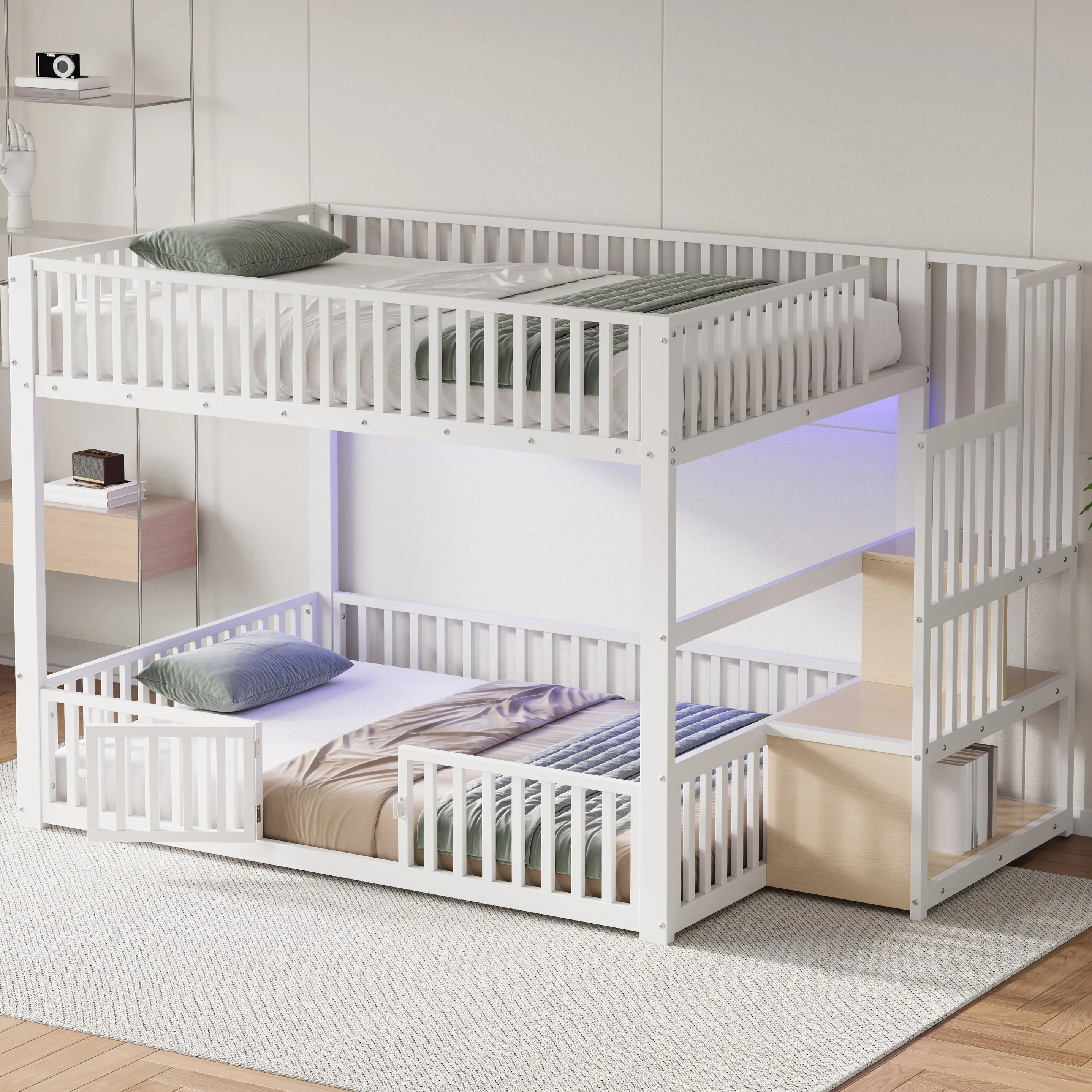 Bunk Bed with Storage Ladder and LED, 140x200cm, White - Image 4